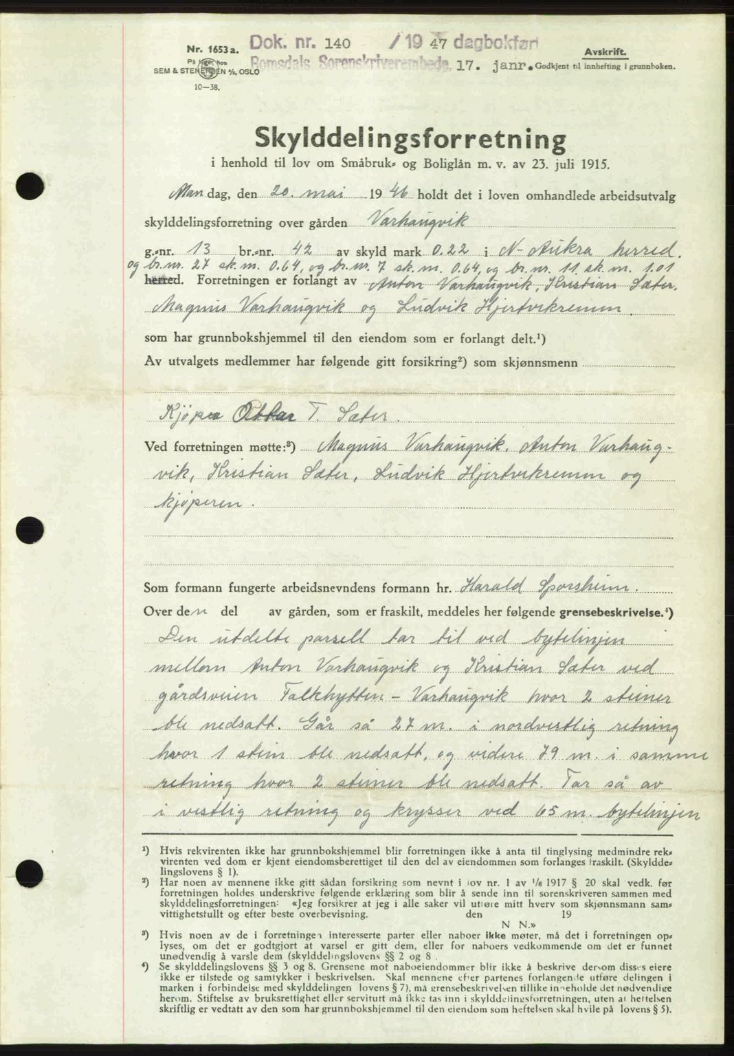 Romsdal sorenskriveri, AV/SAT-A-4149/1/2/2C: Mortgage book no. A22, 1947-1947, Diary no: : 140/1947