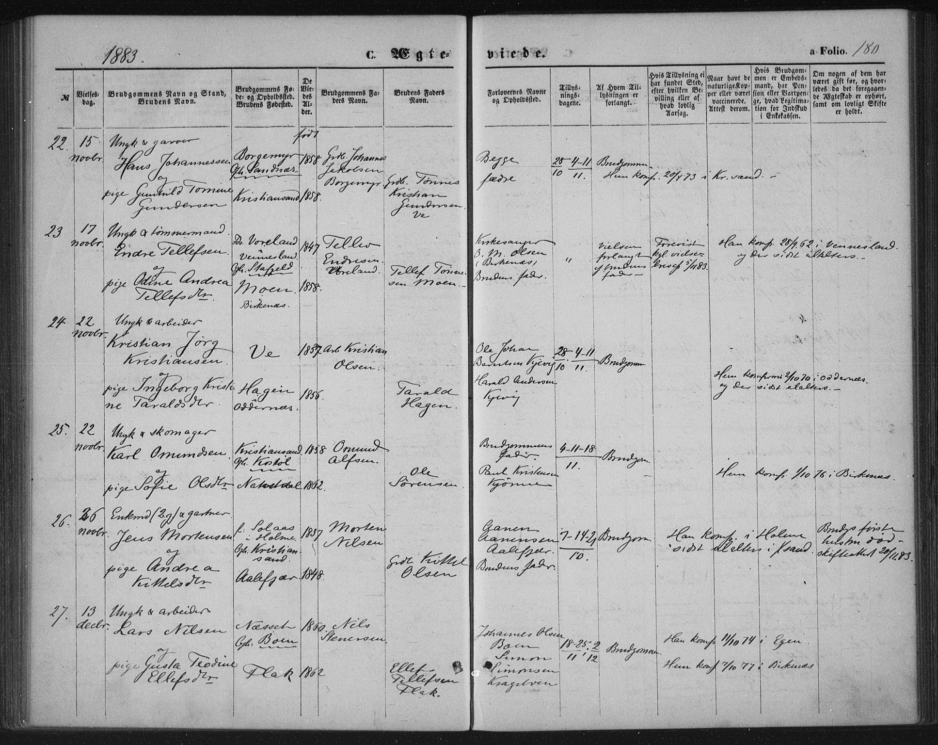 Tveit sokneprestkontor, AV/SAK-1111-0043/F/Fa/L0006: Parish register (official) no. A 6, 1872-1886, p. 180