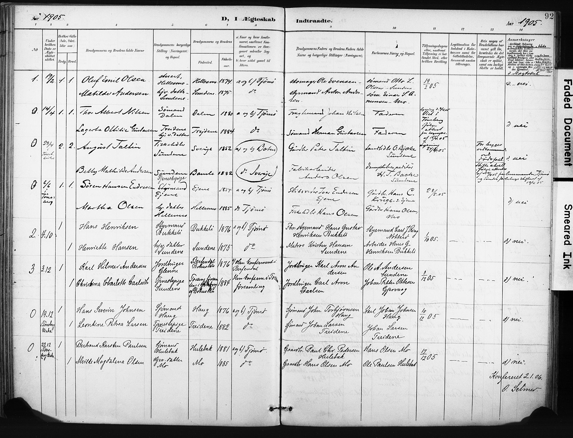 Tjøme kirkebøker, AV/SAKO-A-328/F/Fa/L0005: Parish register (official) no. I 5, 1901-1909, p. 92