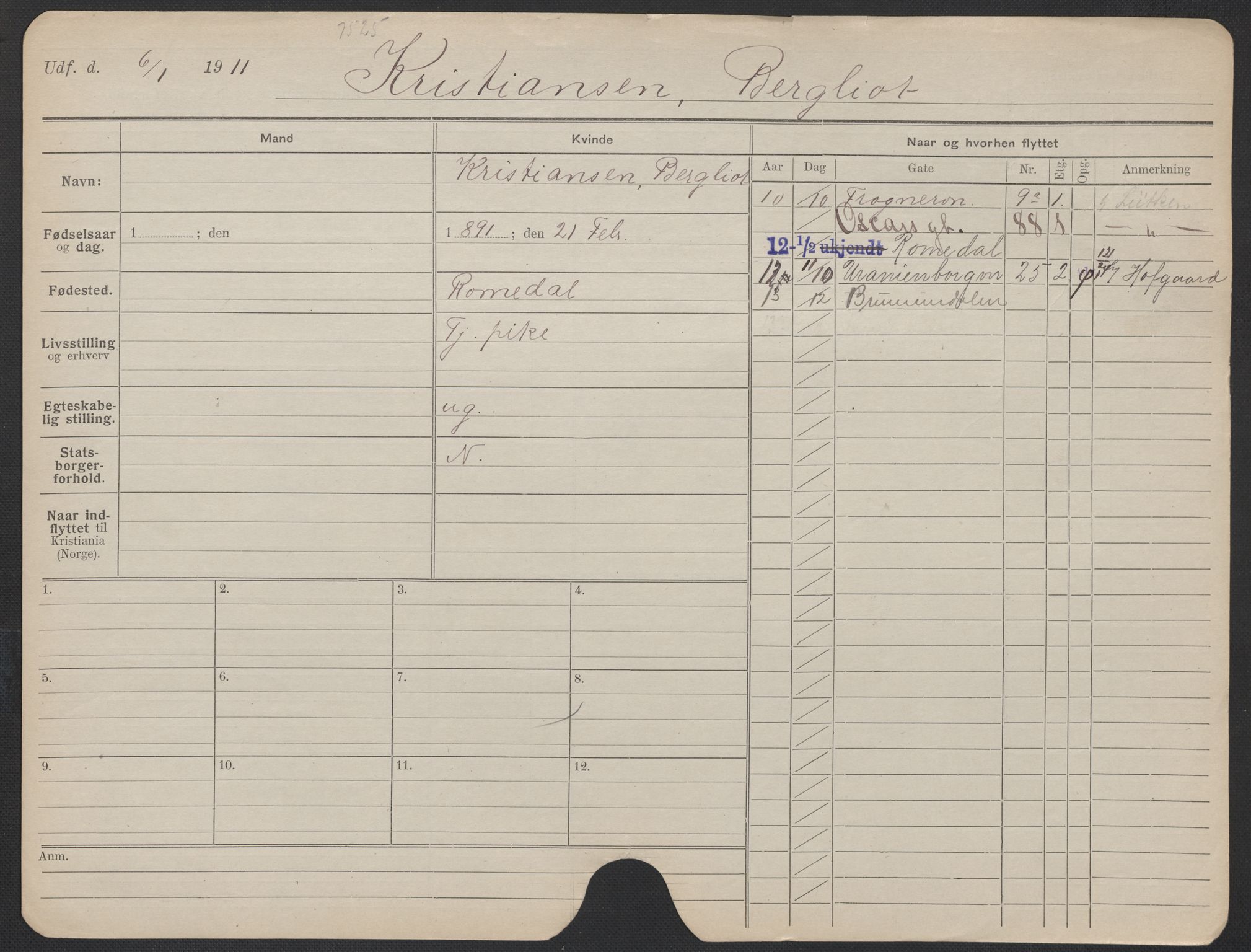 Oslo folkeregister, Registerkort, AV/SAO-A-11715/F/Fa/Fac/L0019: Kvinner, 1906-1914, p. 245a