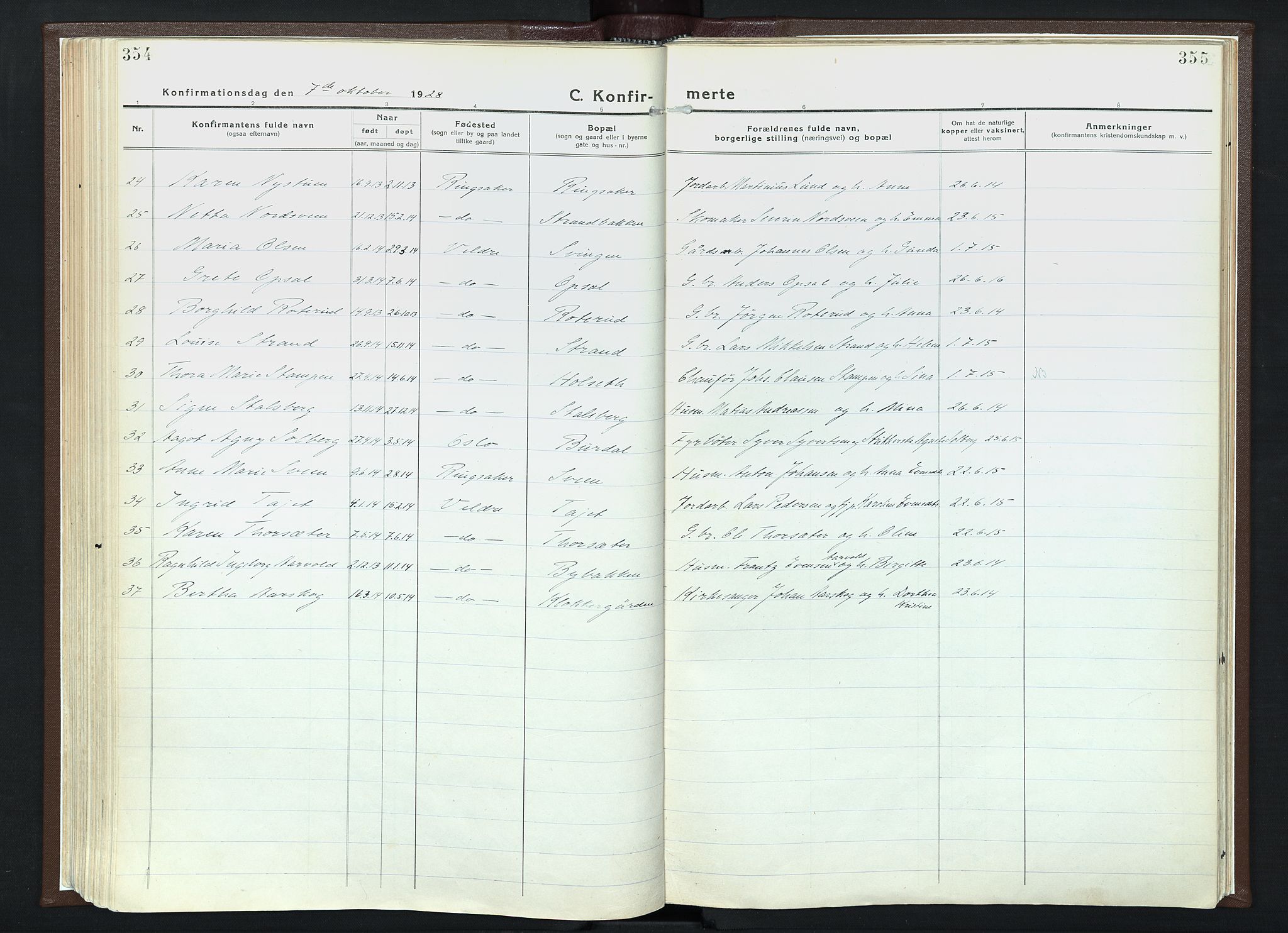 Veldre prestekontor, AV/SAH-PREST-018/K/Ka/L0001: Parish register (official) no. 1, 1921-1934, p. 354-355