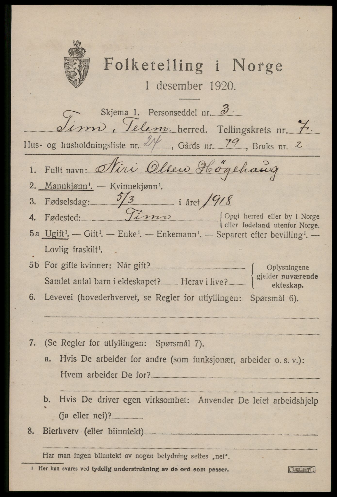 SAKO, 1920 census for Tinn, 1920, p. 5084