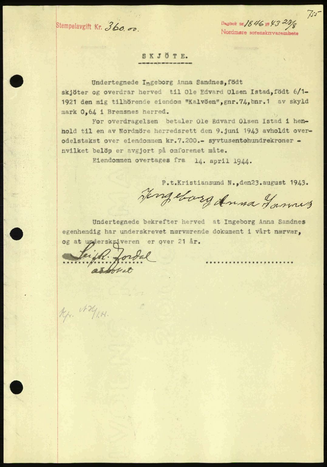 Nordmøre sorenskriveri, AV/SAT-A-4132/1/2/2Ca: Mortgage book no. A95, 1943-1943, Diary no: : 1846/1943