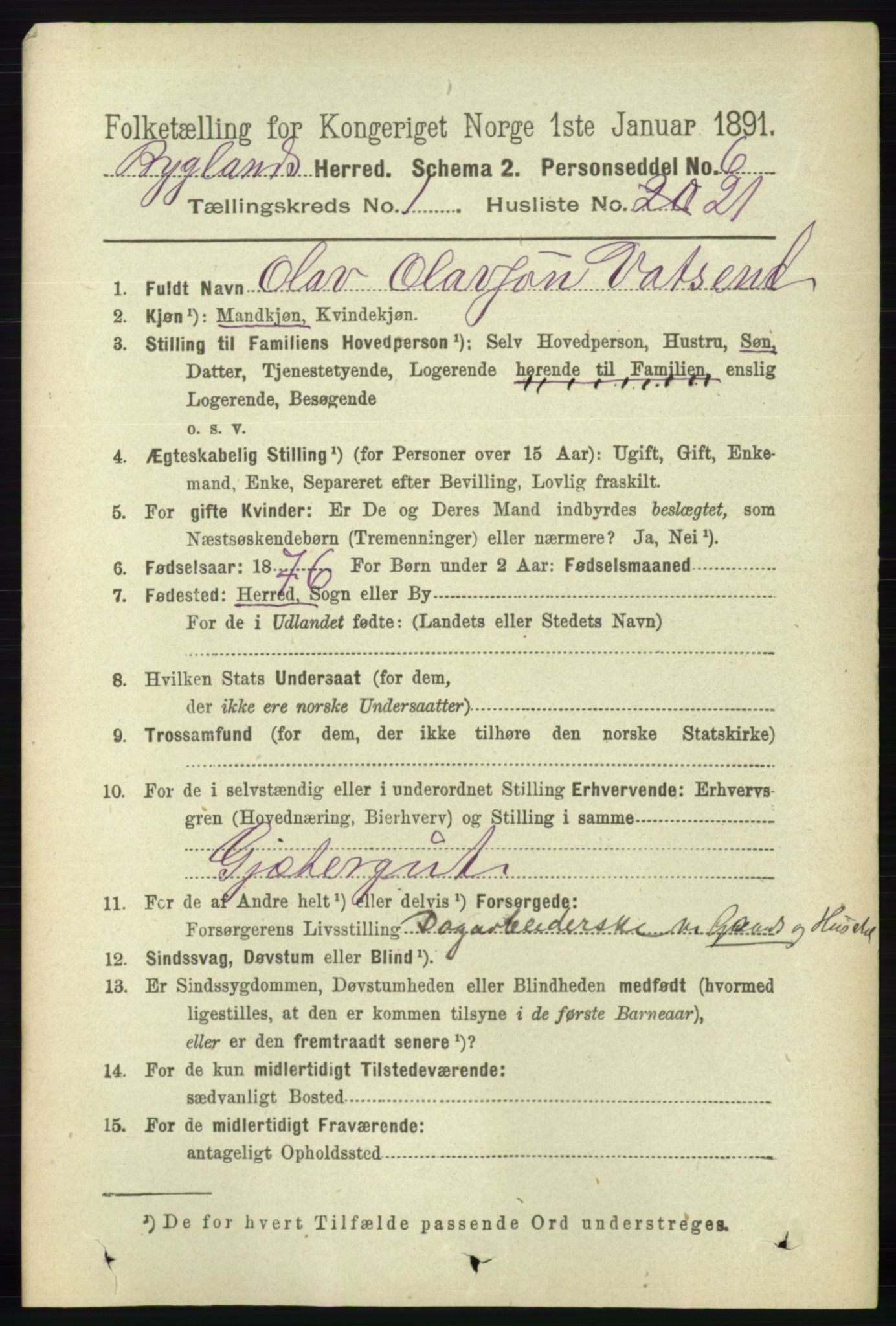 RA, 1891 census for 0938 Bygland, 1891, p. 203