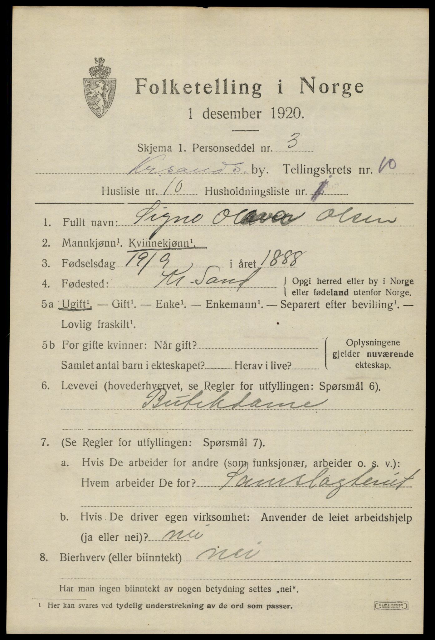 SAK, 1920 census for Kristiansand, 1920, p. 23823