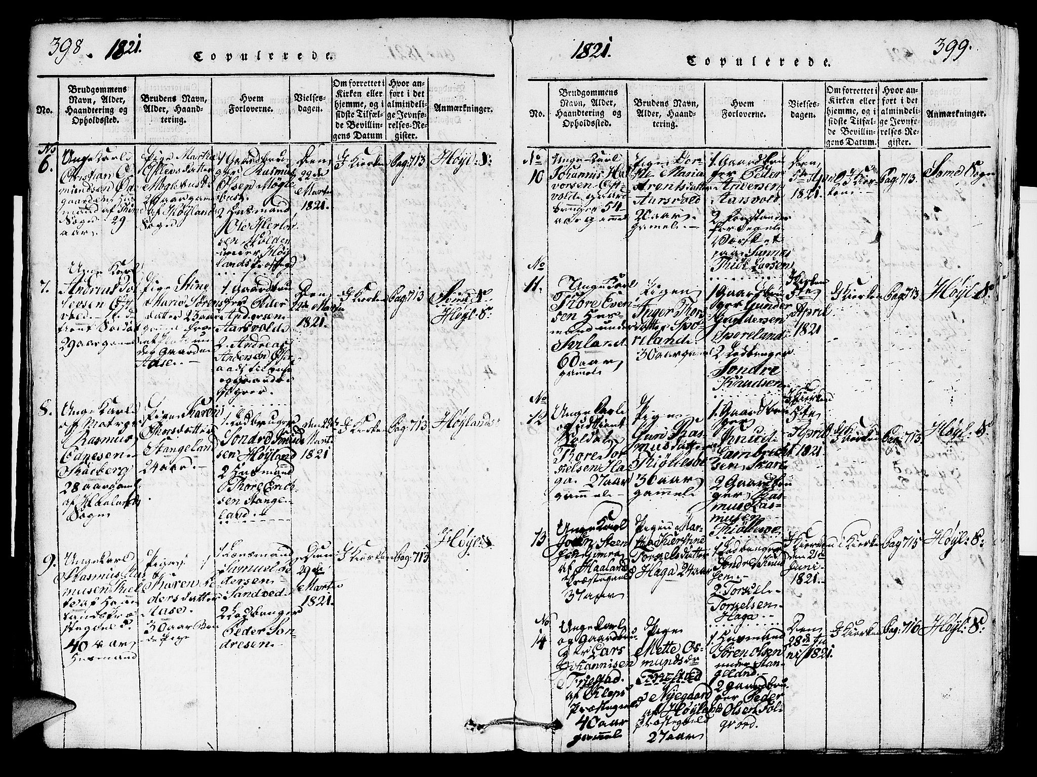 Høyland sokneprestkontor, SAST/A-101799/001/30BA/L0006: Parish register (official) no. A 6, 1815-1825, p. 398-399