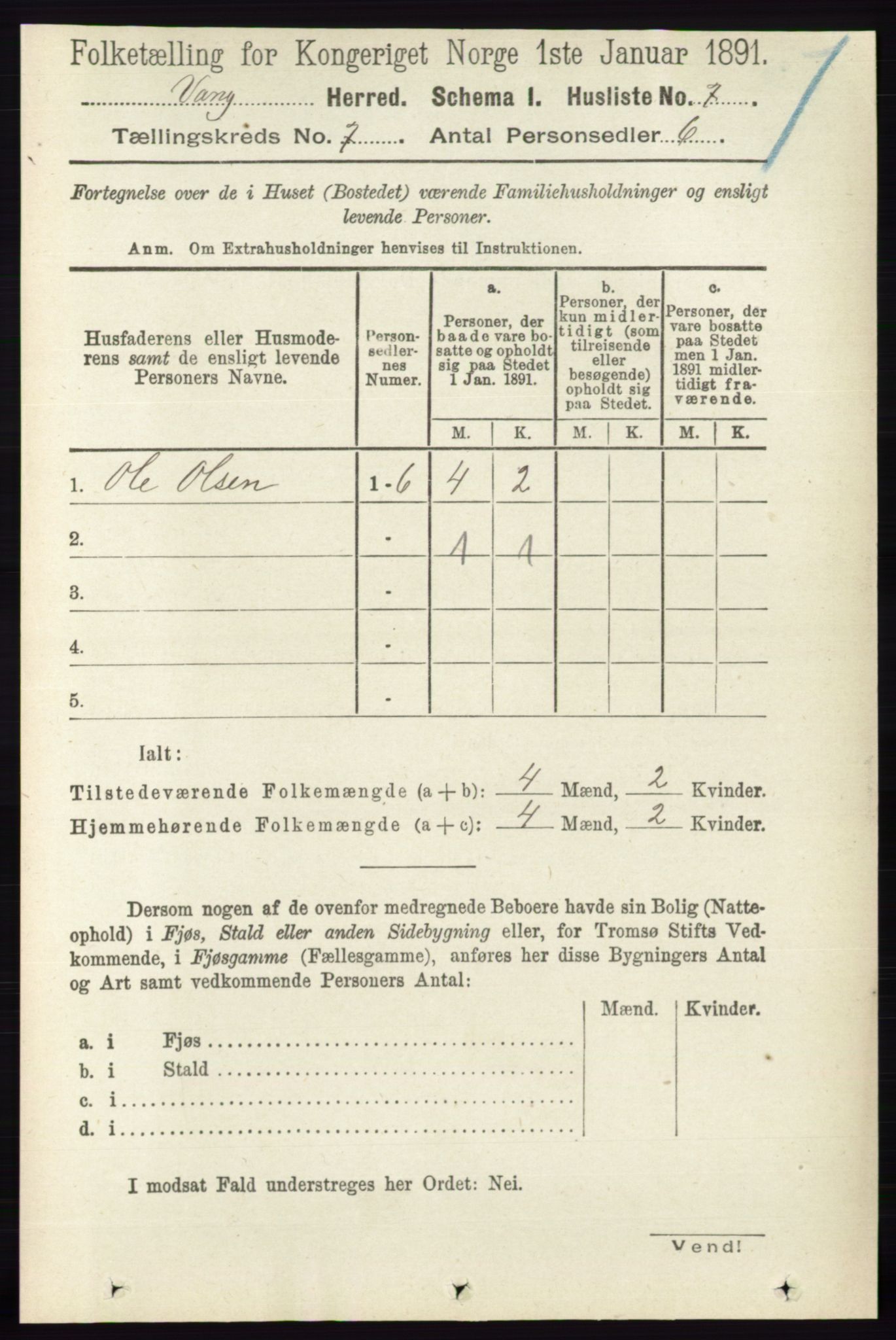 RA, 1891 census for 0414 Vang, 1891, p. 4926