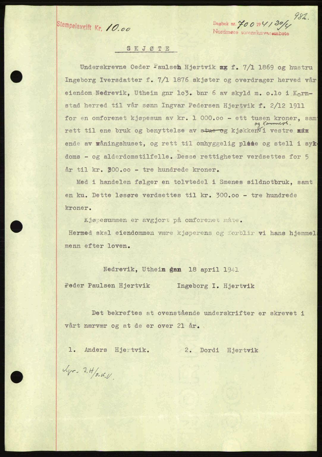 Nordmøre sorenskriveri, SAT/A-4132/1/2/2Ca: Mortgage book no. A89, 1940-1941, Diary no: : 700/1941