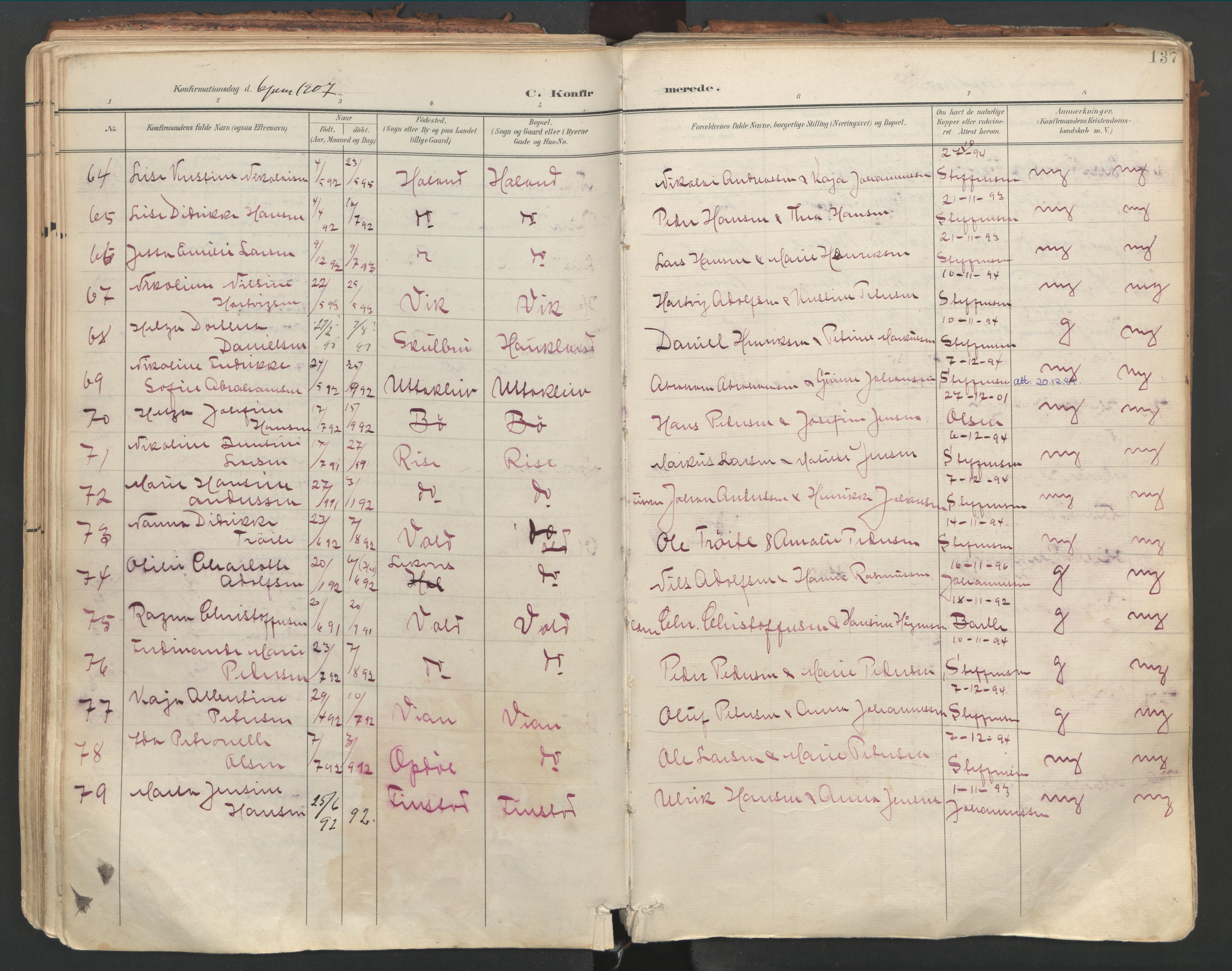 Ministerialprotokoller, klokkerbøker og fødselsregistre - Nordland, AV/SAT-A-1459/881/L1154: Parish register (official) no. 881A07, 1907-1918, p. 137