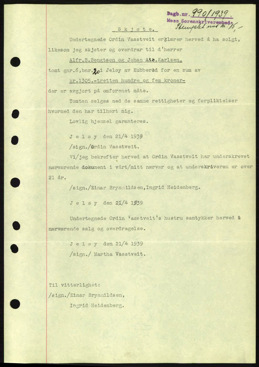 Moss sorenskriveri, SAO/A-10168: Mortgage book no. A5, 1938-1939, Diary no: : 990/1939