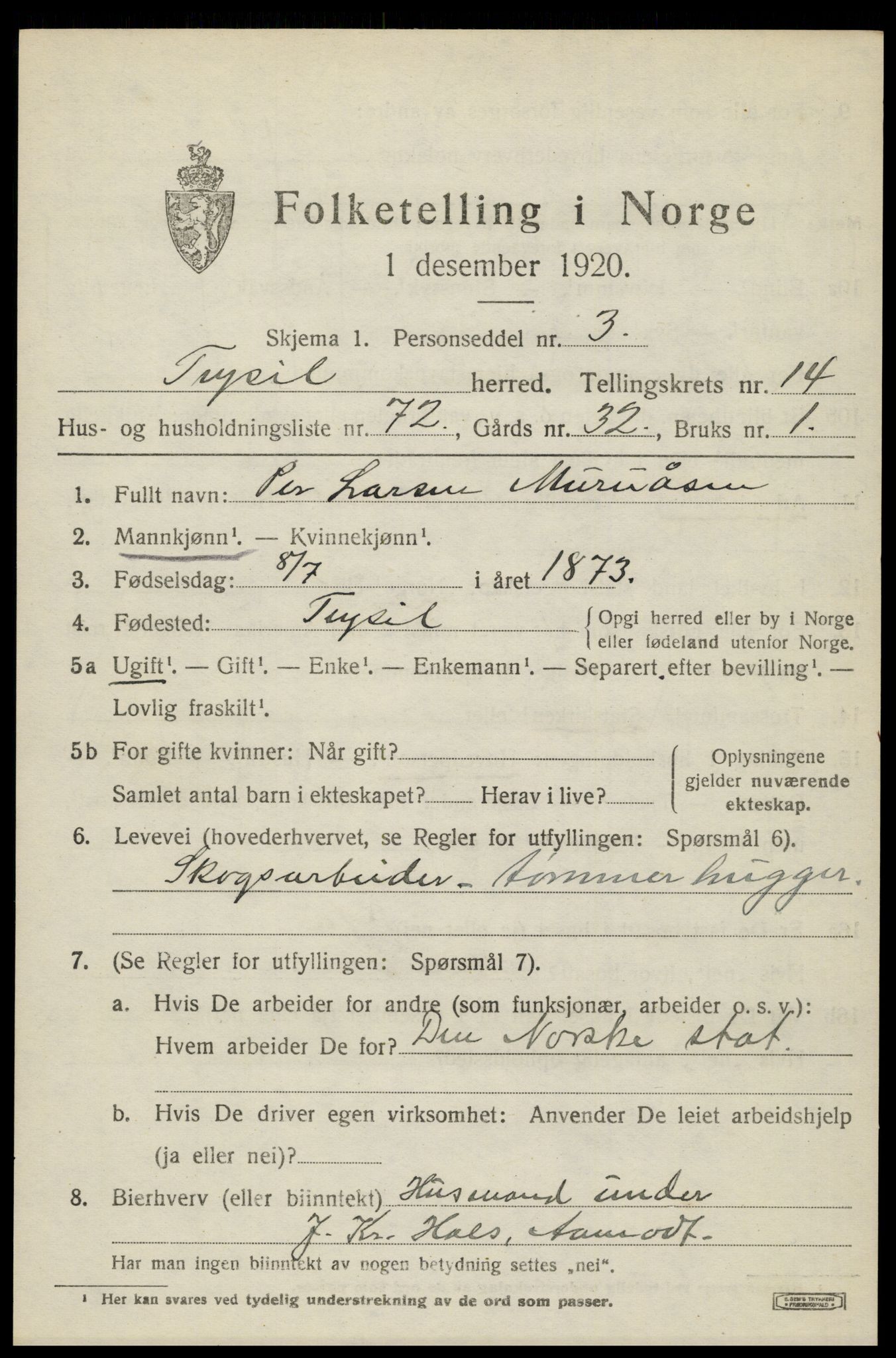 SAH, 1920 census for Trysil, 1920, p. 8751