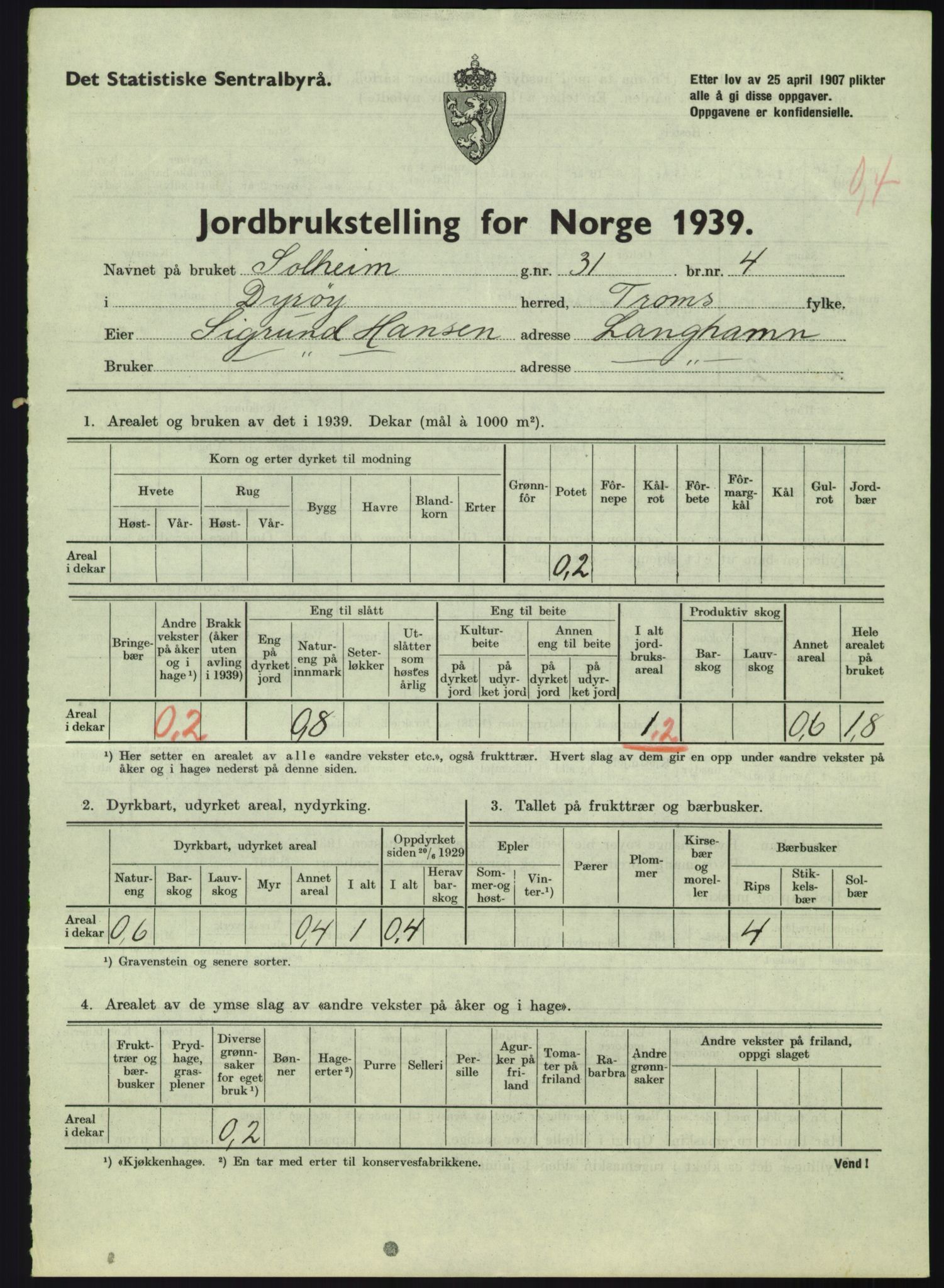 Statistisk sentralbyrå, Næringsøkonomiske emner, Jordbruk, skogbruk, jakt, fiske og fangst, AV/RA-S-2234/G/Gb/L0340: Troms: Salangen og Dyrøy, 1939, p. 844