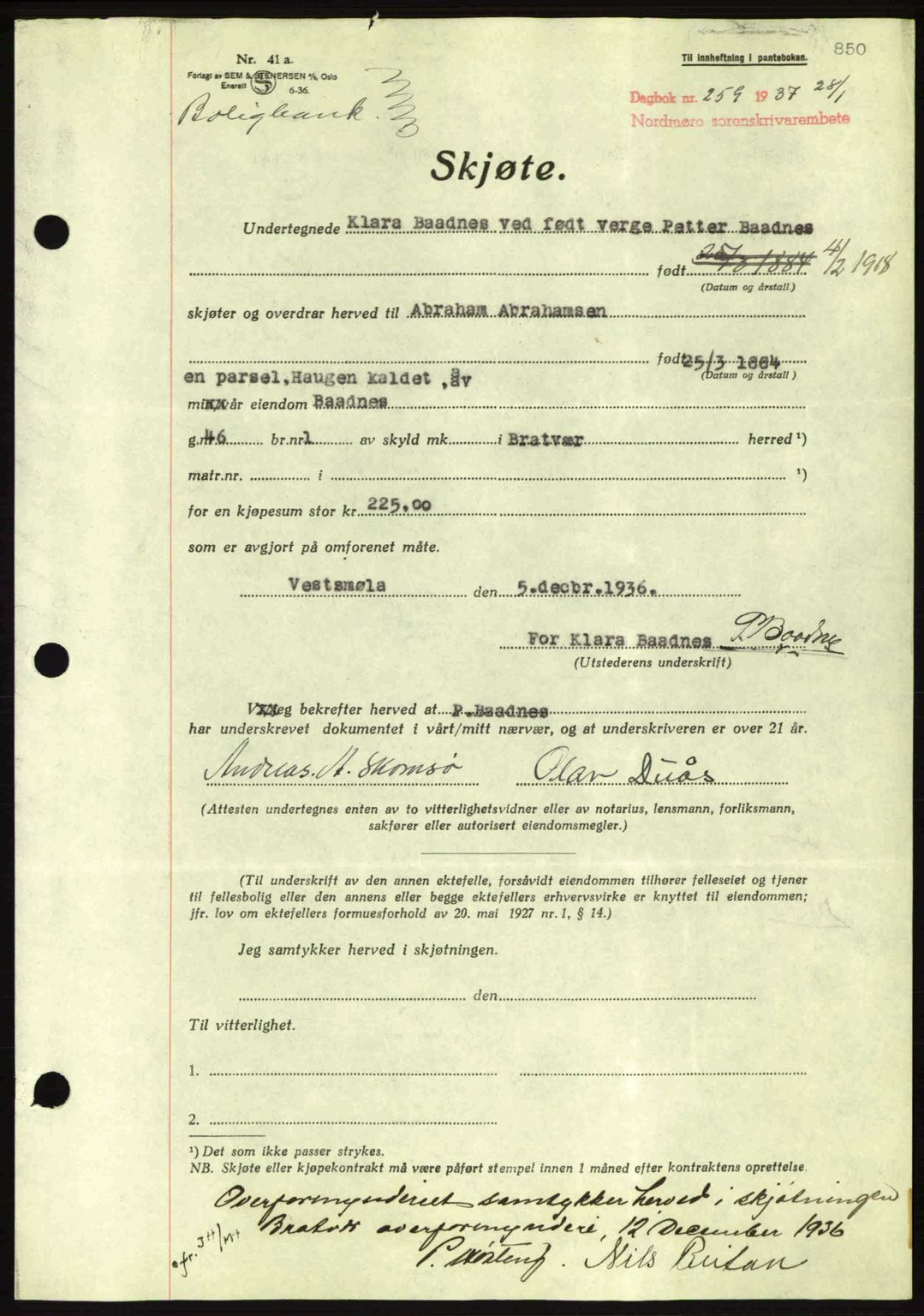 Nordmøre sorenskriveri, AV/SAT-A-4132/1/2/2Ca: Mortgage book no. A80, 1936-1937, Diary no: : 259/1937