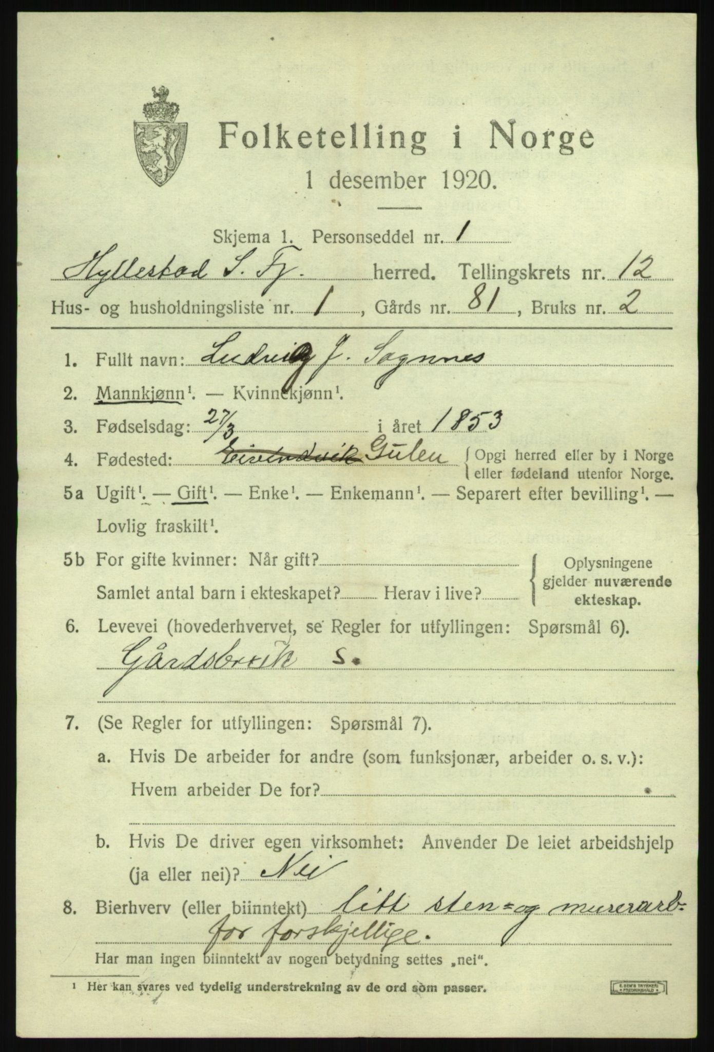 SAB, 1920 census for Hyllestad, 1920, p. 4478