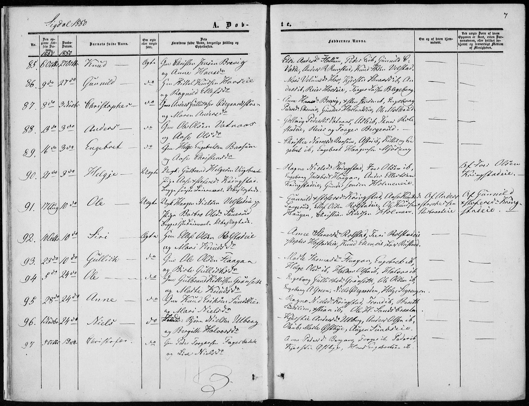 Sigdal kirkebøker, AV/SAKO-A-245/F/Fa/L0008: Parish register (official) no. I 8, 1850-1859, p. 7