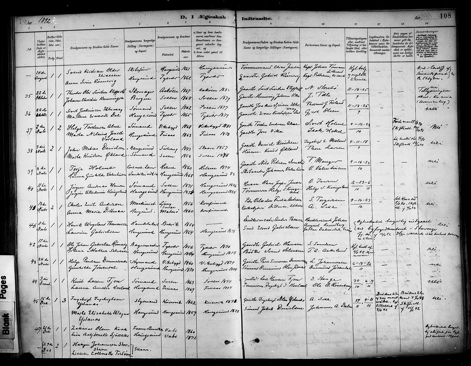 Haugesund sokneprestkontor, SAST/A -101863/H/Ha/Haa/L0005: Parish register (official) no. A 5, 1891-1903, p. 108