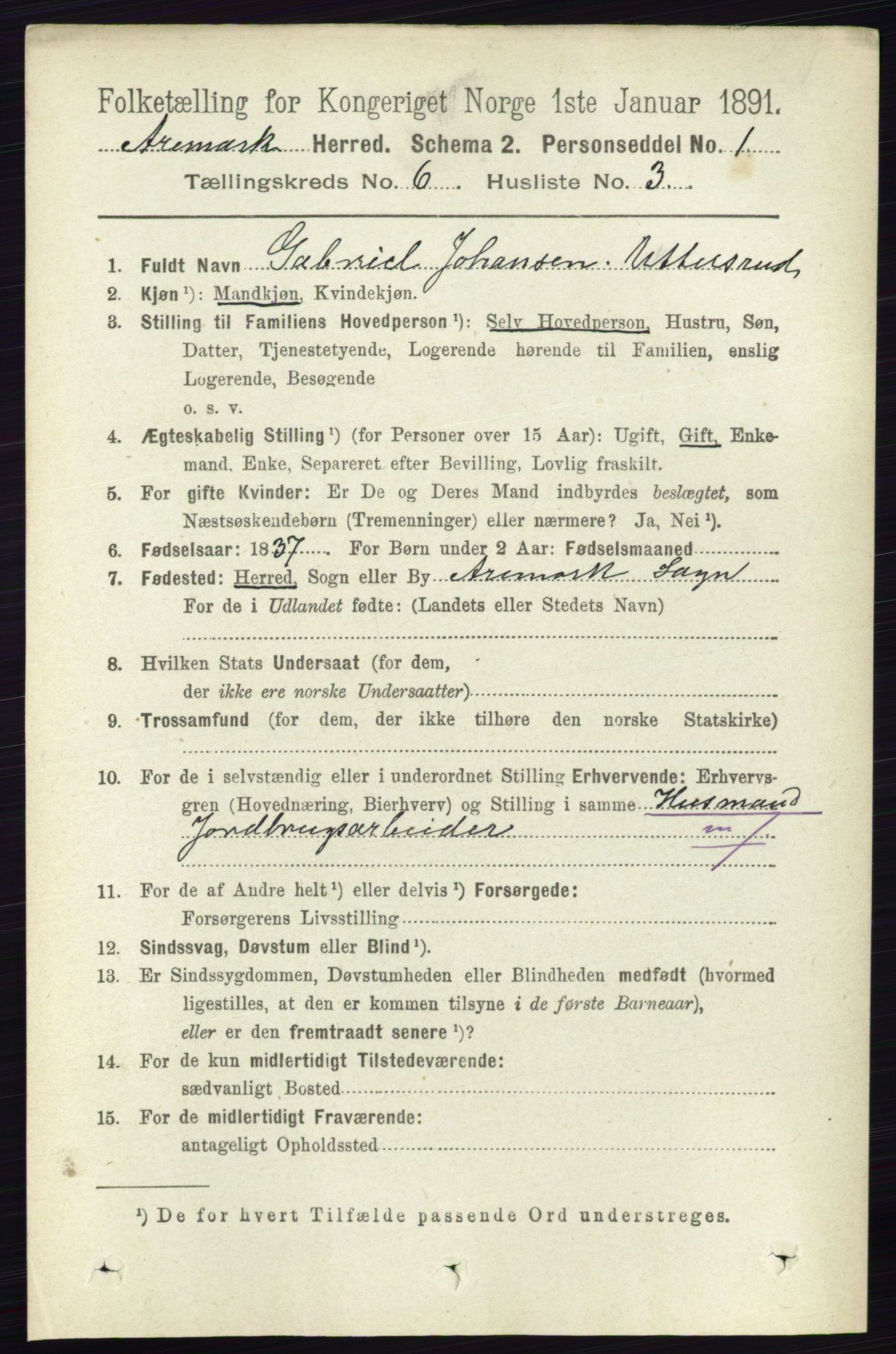 RA, 1891 census for 0118 Aremark, 1891, p. 3123