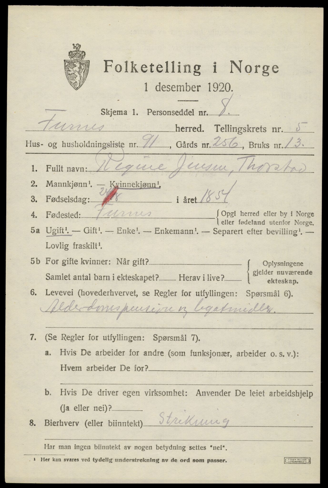 SAH, 1920 census for Furnes, 1920, p. 8163