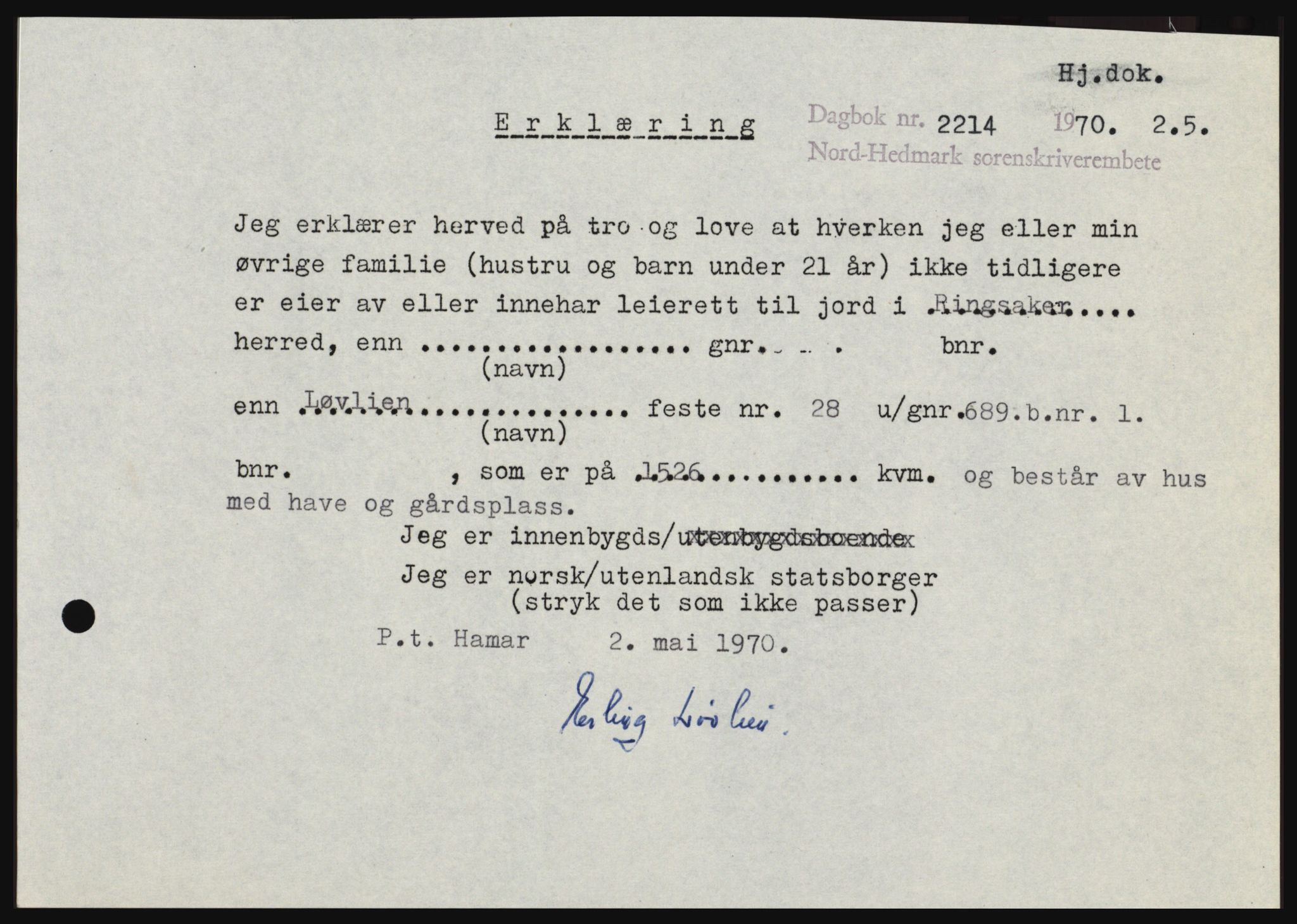 Nord-Hedmark sorenskriveri, SAH/TING-012/H/Hc/L0033: Mortgage book no. 33, 1970-1970, Diary no: : 2214/1970