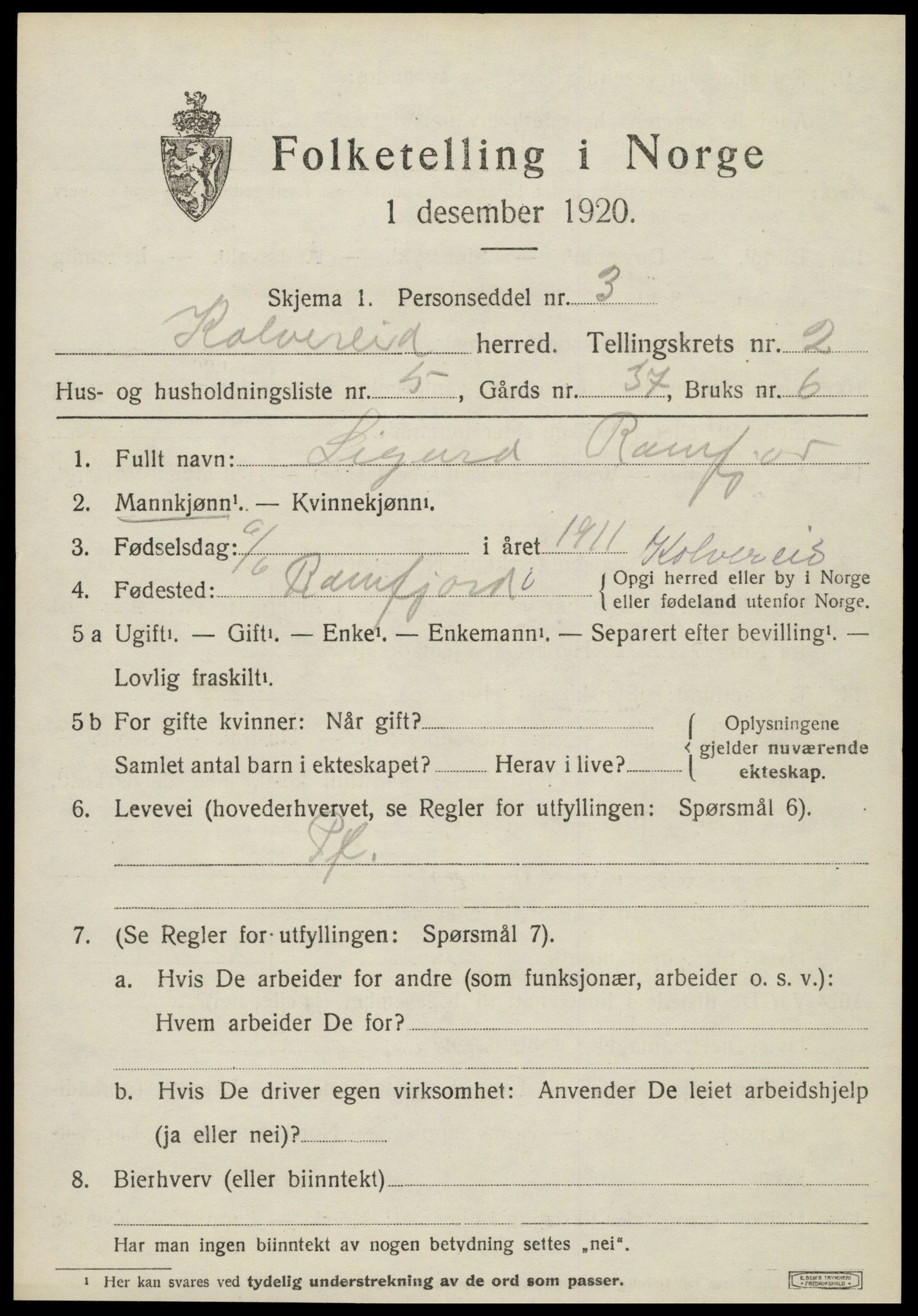 SAT, 1920 census for Kolvereid, 1920, p. 1547