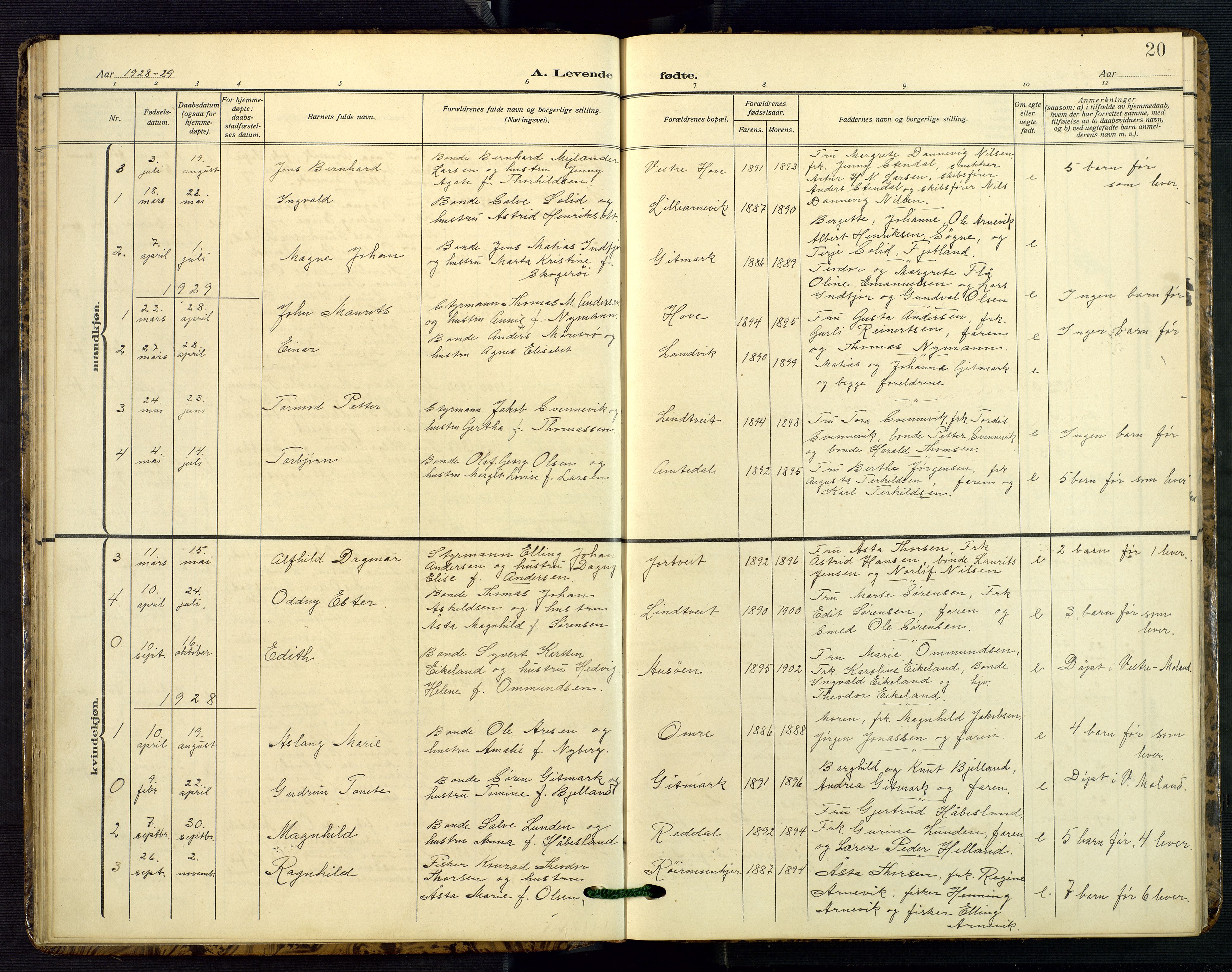Hommedal sokneprestkontor, SAK/1111-0023/F/Fb/Fba/L0005: Parish register (copy) no. B 5, 1909-1957, p. 20