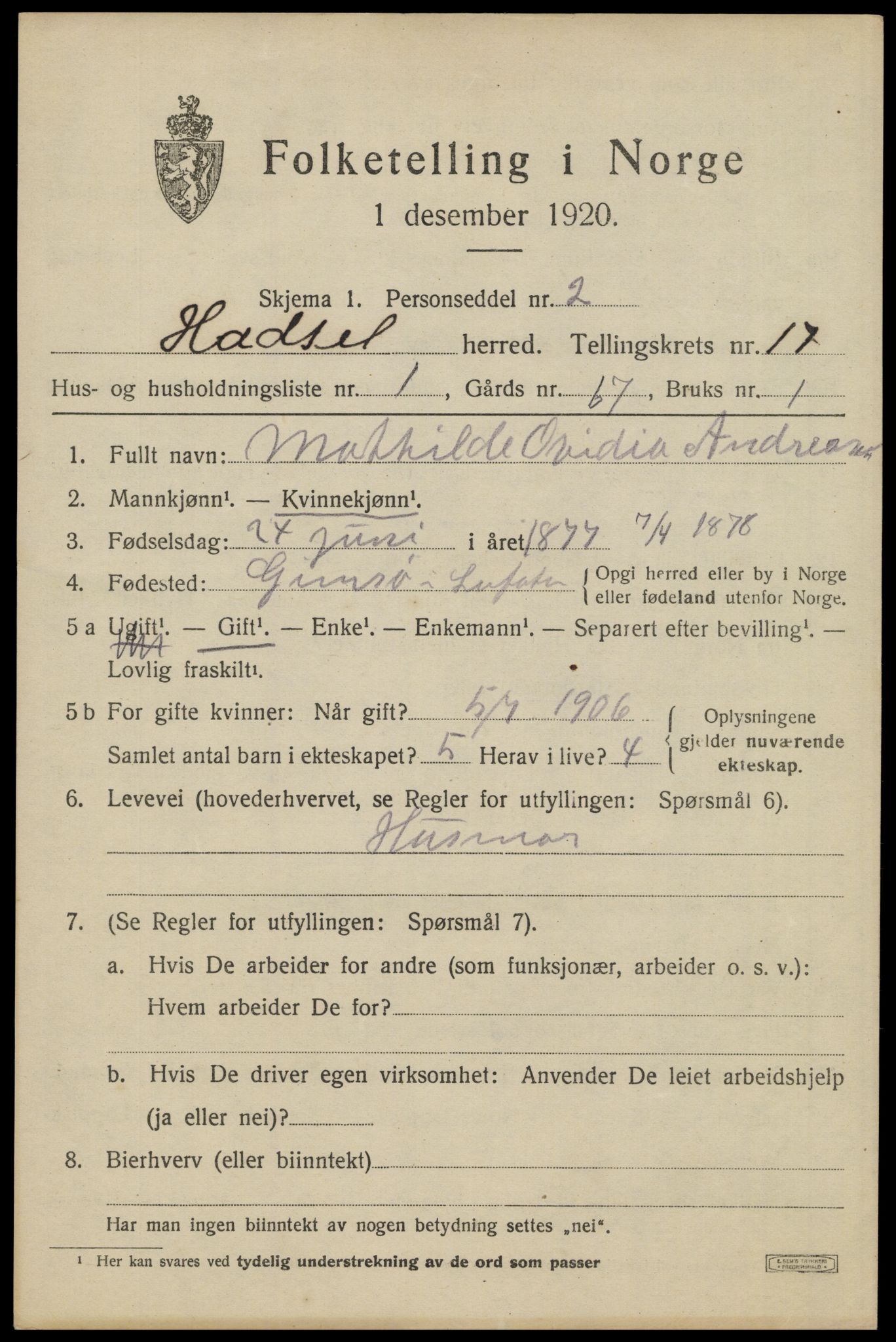 SAT, 1920 census for Hadsel, 1920, p. 15704