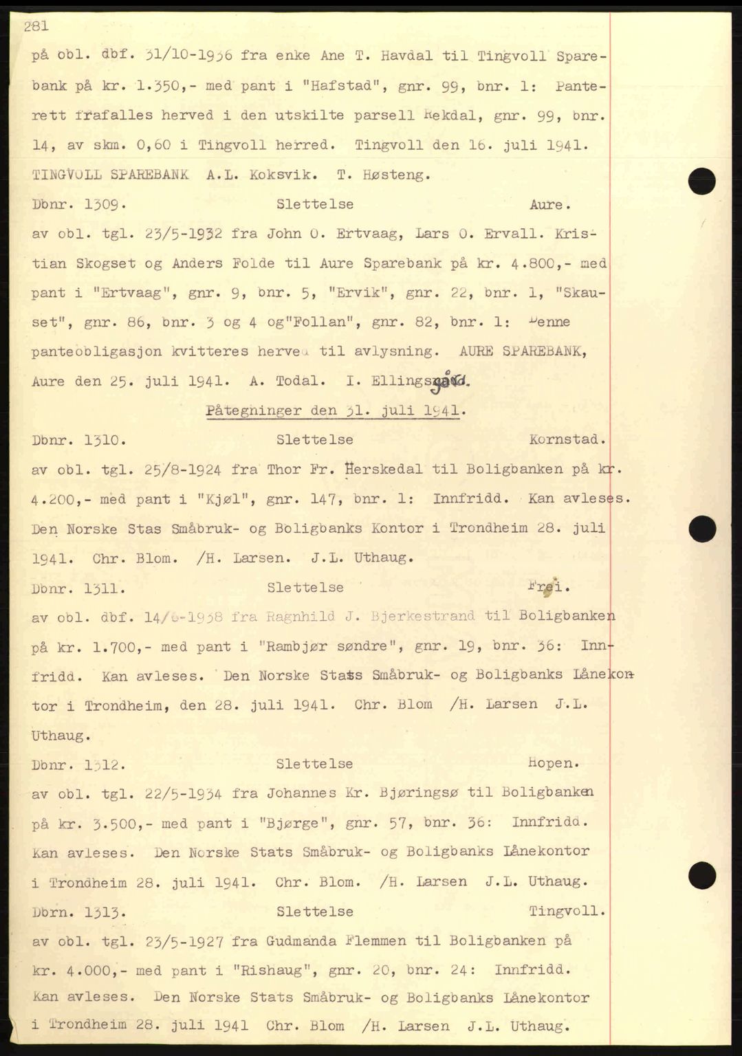 Nordmøre sorenskriveri, AV/SAT-A-4132/1/2/2Ca: Mortgage book no. C81, 1940-1945, Diary no: : 1309/1941