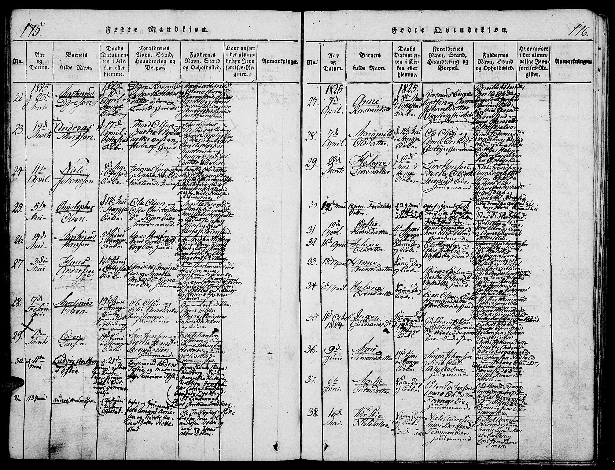 Stange prestekontor, AV/SAH-PREST-002/K/L0008: Parish register (official) no. 8, 1814-1825, p. 175-176