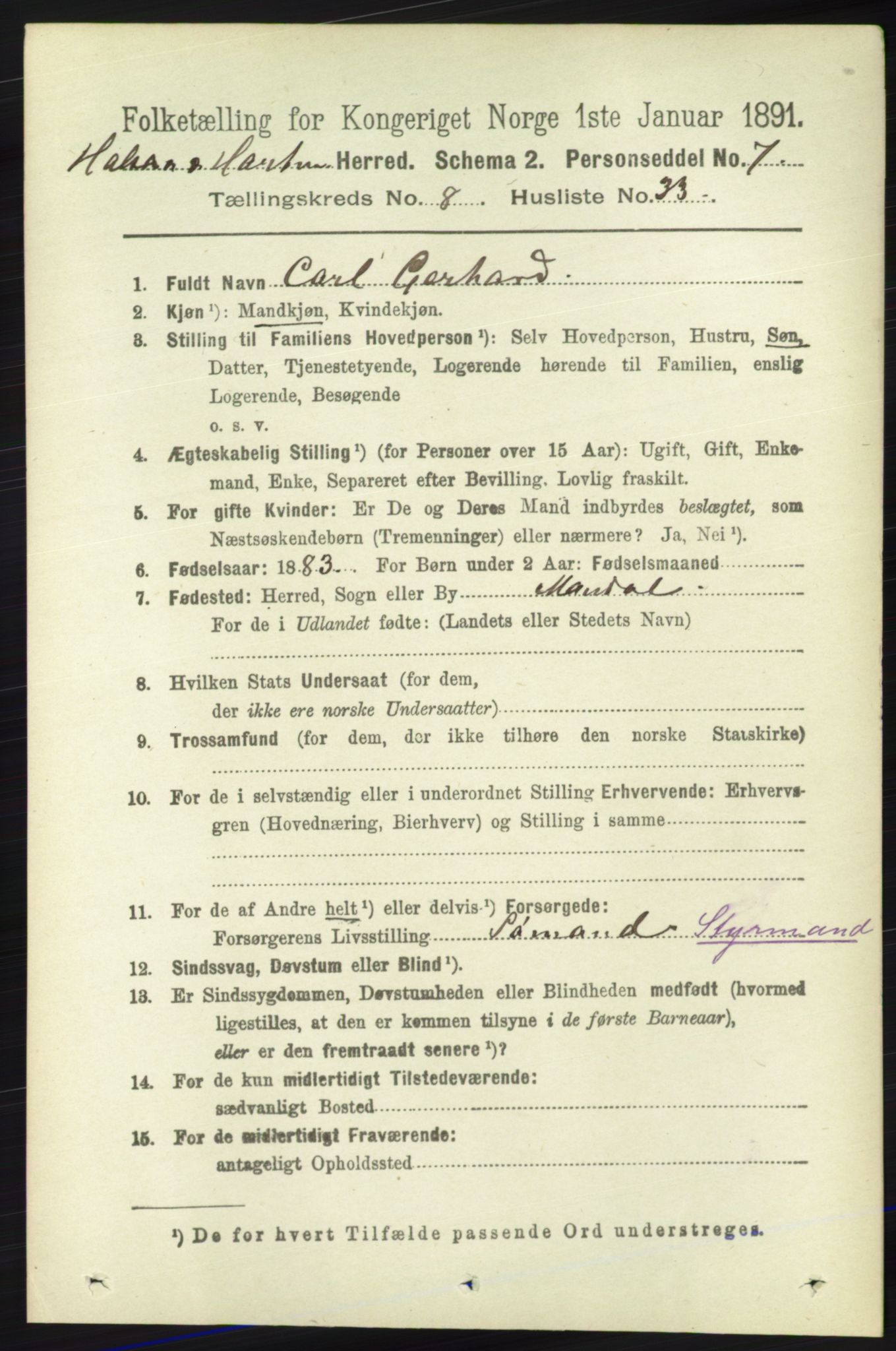 RA, 1891 census for 1019 Halse og Harkmark, 1891, p. 3425