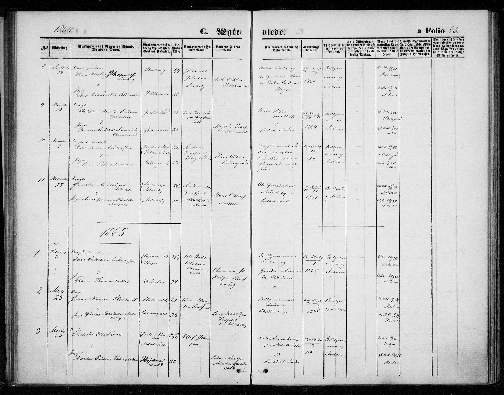 Ministerialprotokoller, klokkerbøker og fødselsregistre - Nord-Trøndelag, AV/SAT-A-1458/721/L0206: Parish register (official) no. 721A01, 1864-1874, p. 96