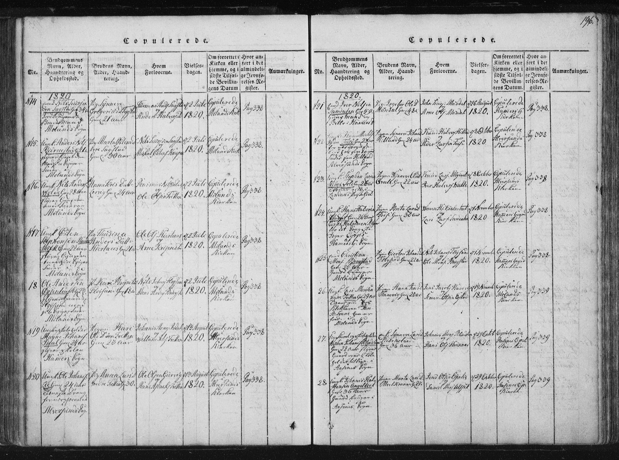 Hamre sokneprestembete, AV/SAB-A-75501/H/Ha/Haa/Haaa/L0010: Parish register (official) no. A 10, 1816-1826, p. 196