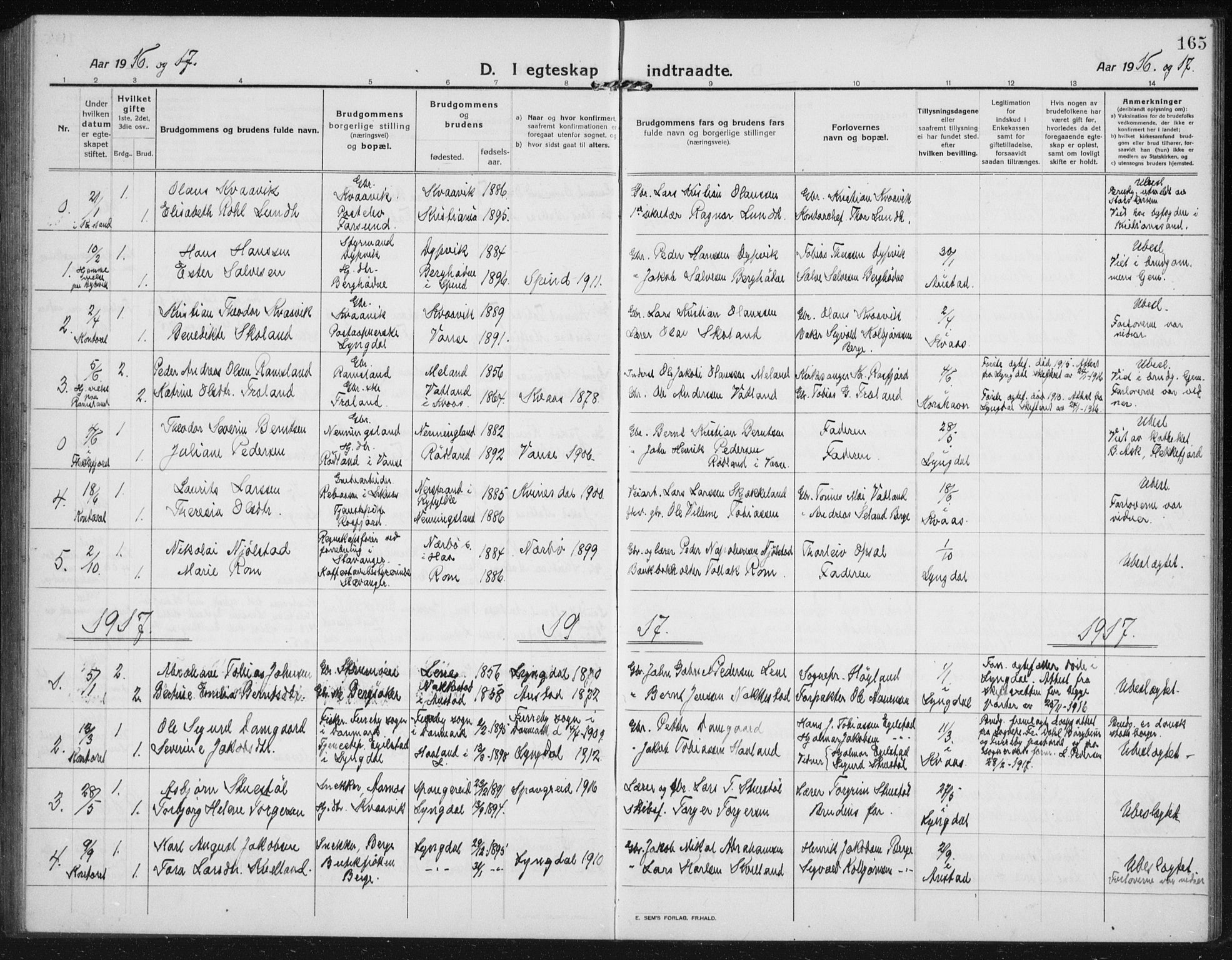 Lyngdal sokneprestkontor, AV/SAK-1111-0029/F/Fb/Fbc/L0006: Parish register (copy) no. B 6, 1914-1934, p. 165