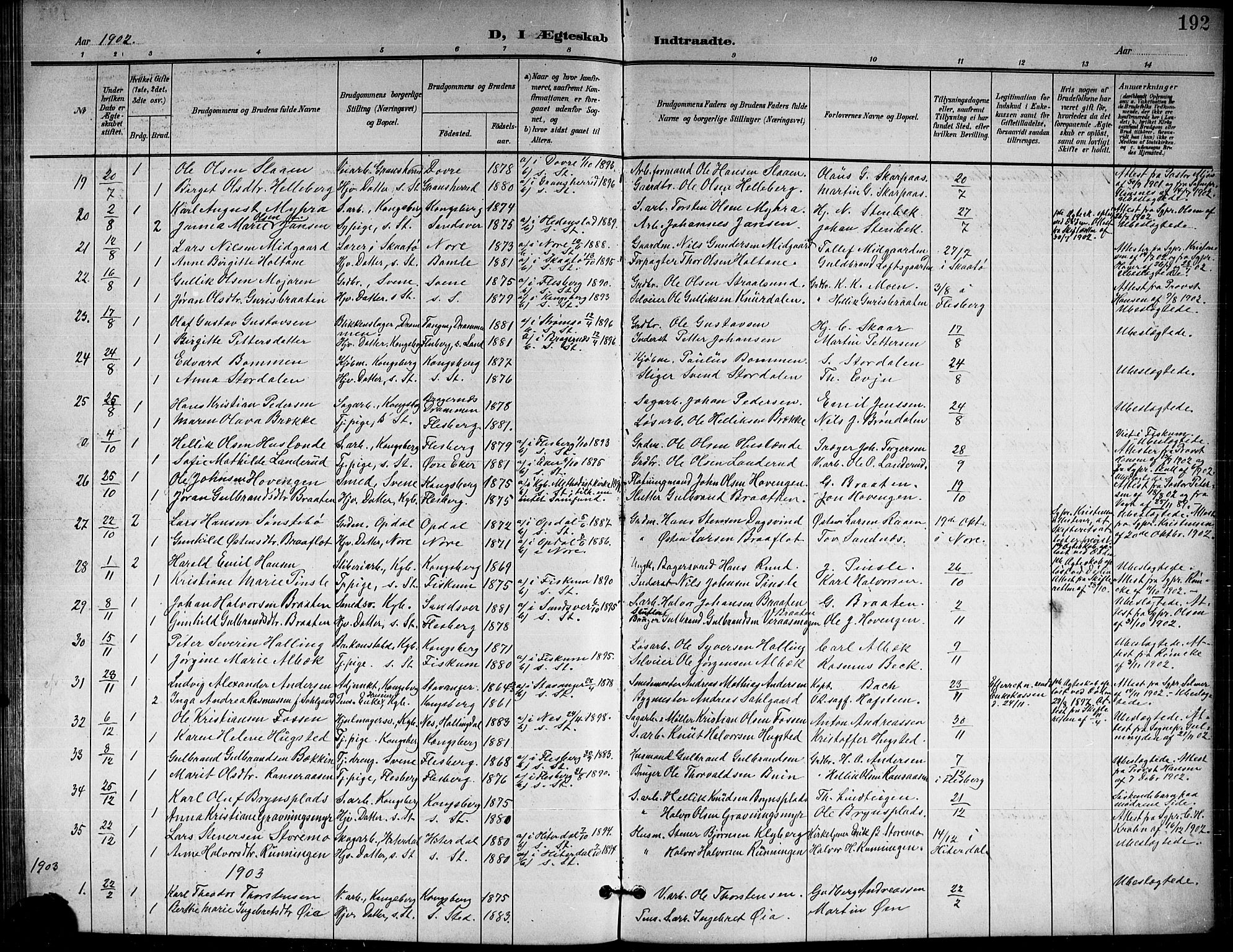 Kongsberg kirkebøker, AV/SAKO-A-22/G/Ga/L0007: Parish register (copy) no. 7, 1901-1915, p. 192