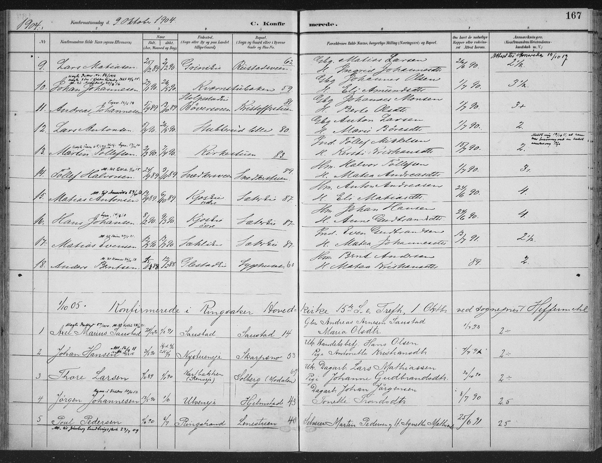 Ringsaker prestekontor, SAH/PREST-014/K/Ka/L0018: Parish register (official) no. 18, 1903-1912, p. 167