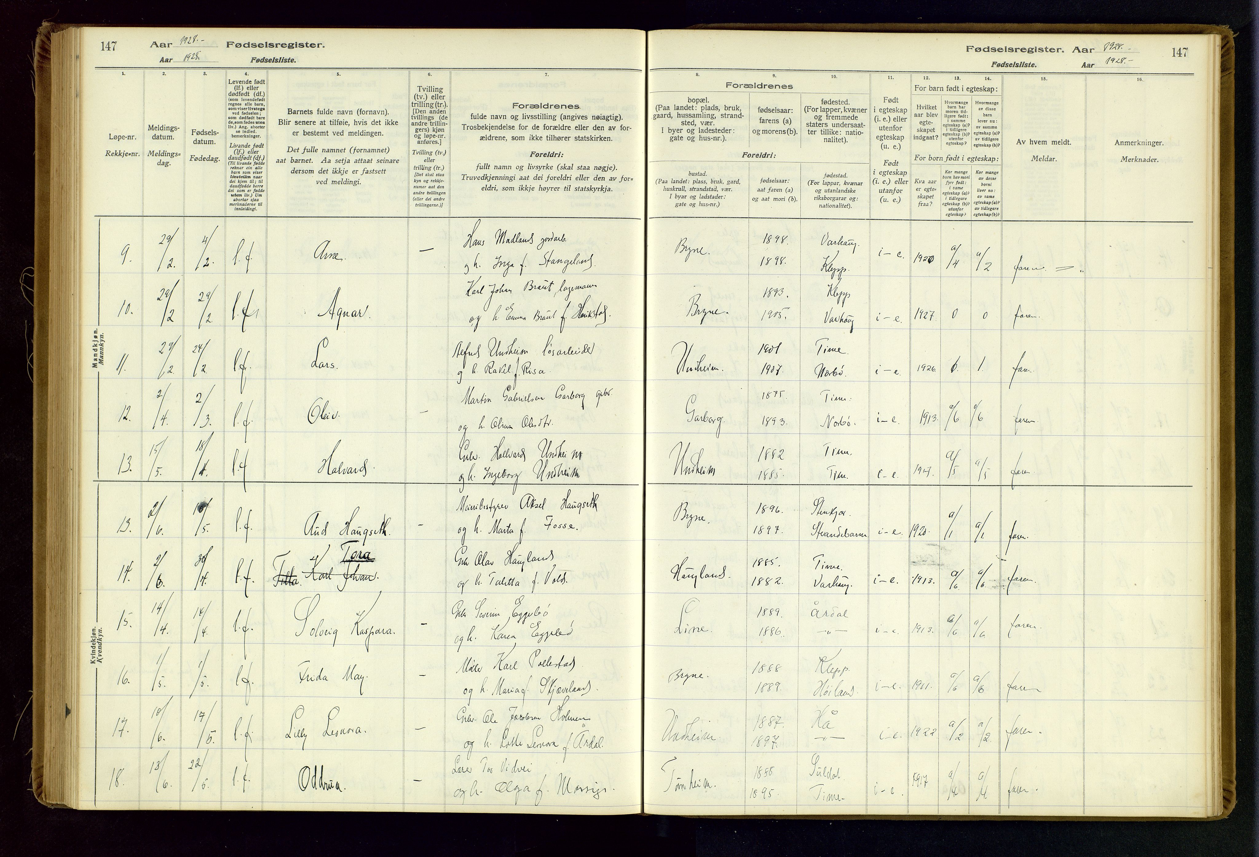 Time sokneprestkontor, AV/SAST-A-101795/001/704BA/L0001: Birth register no. 1, 1916-1934, p. 147