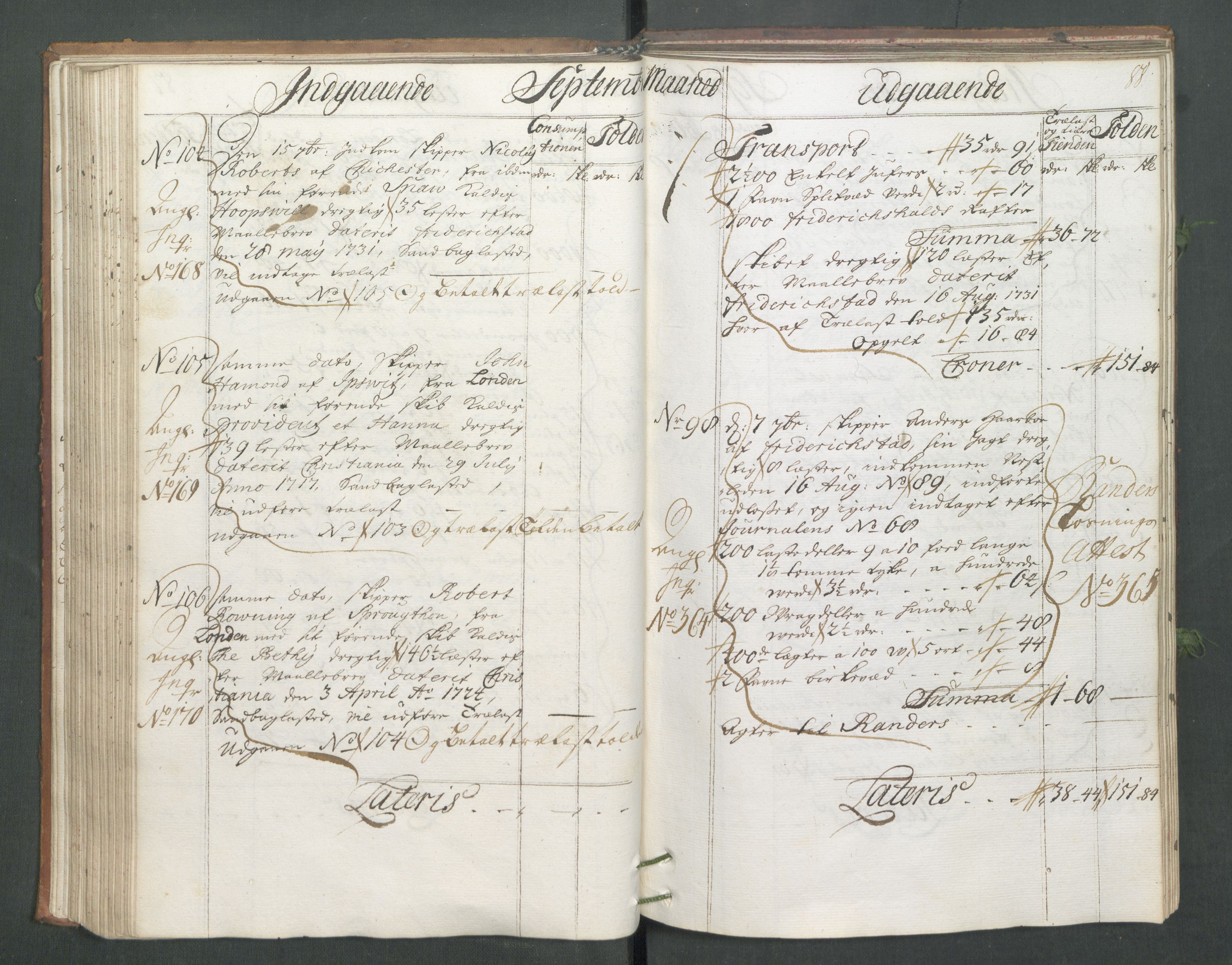 Generaltollkammeret, tollregnskaper, AV/RA-EA-5490/R02/L0006/0001: Tollregnskaper Fredrikstad / Hovedtollbok, 1731, p. 88