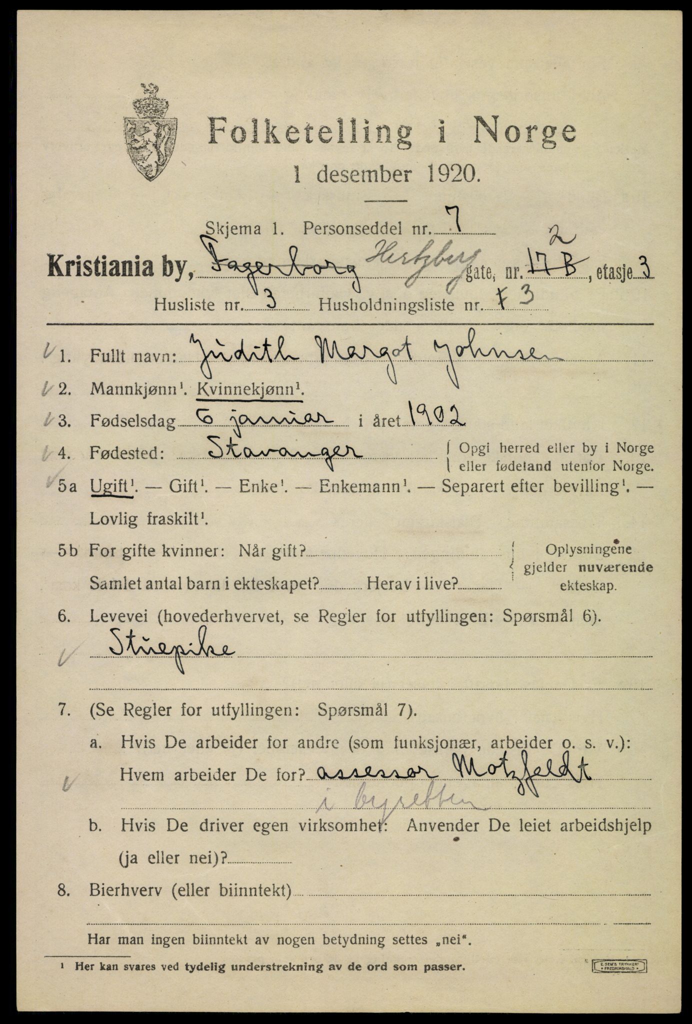 SAO, 1920 census for Kristiania, 1920, p. 292459