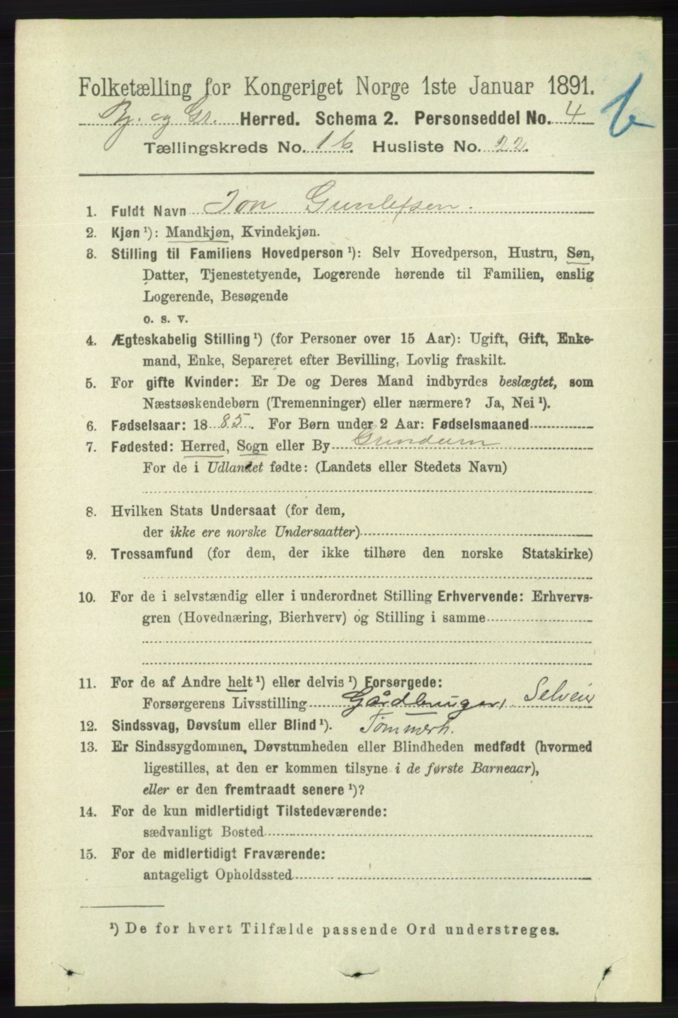RA, 1891 census for 1024 Bjelland og Grindheim, 1891, p. 879