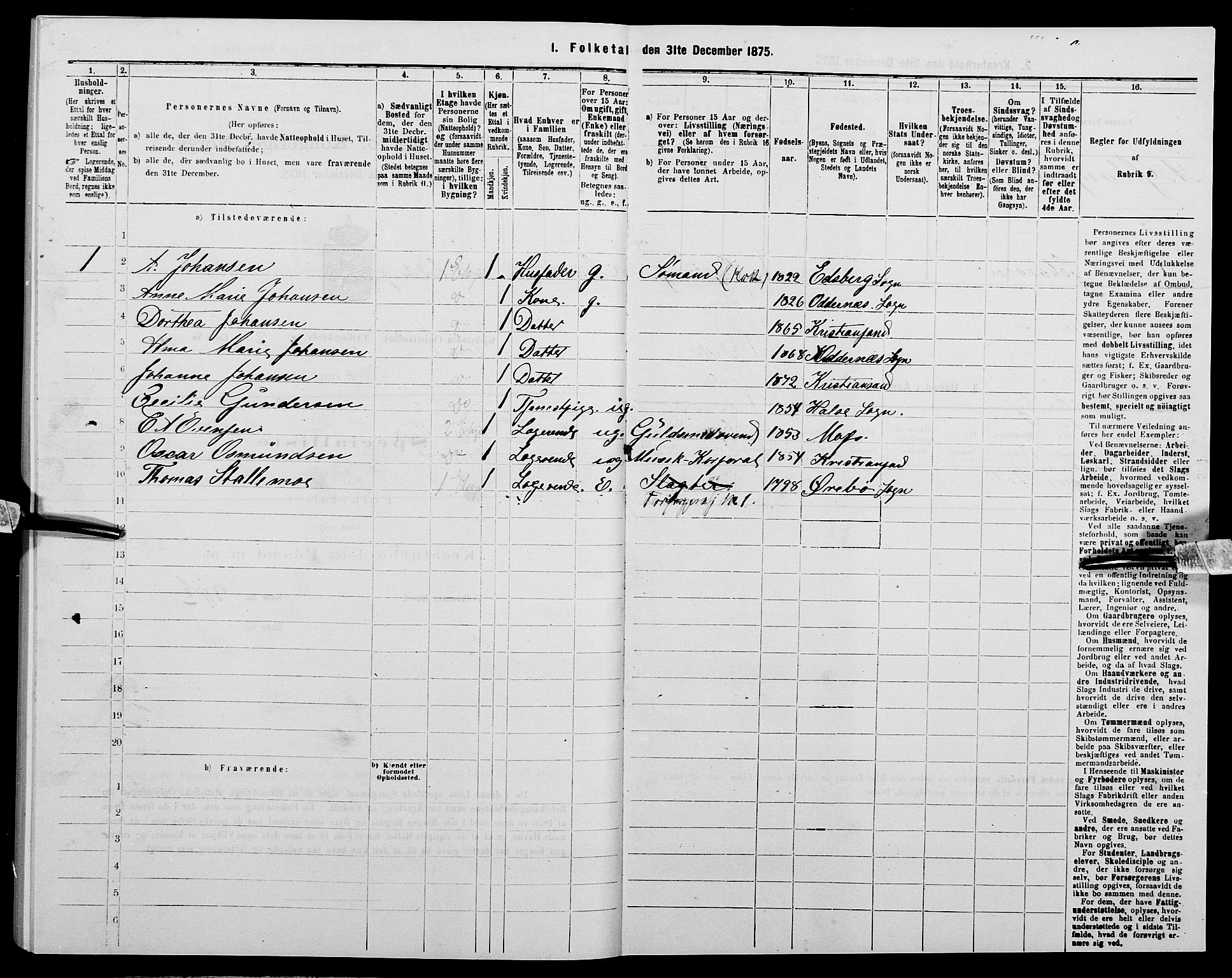 SAK, 1875 census for 1001P Kristiansand, 1875, p. 1212