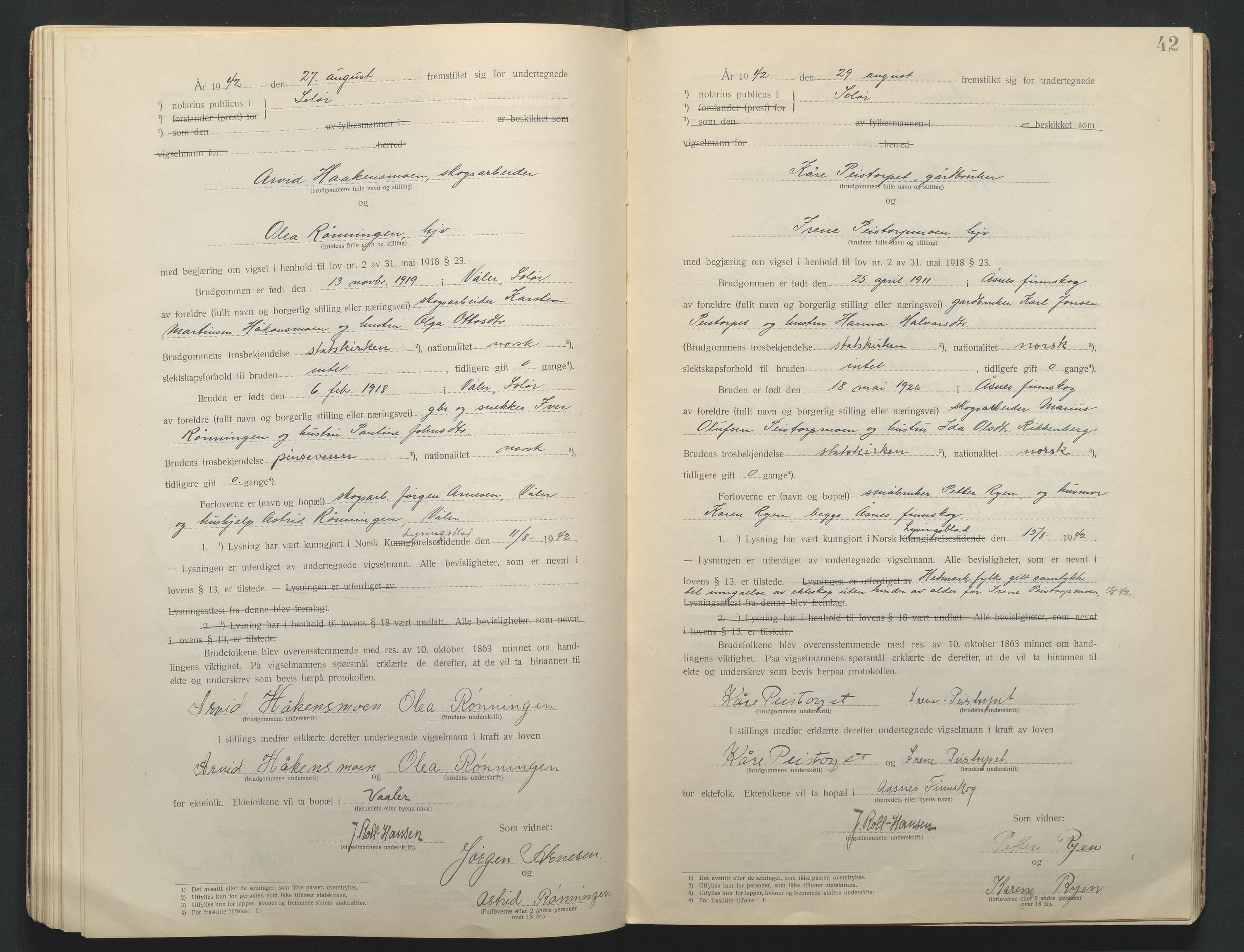 Solør tingrett, AV/SAH-TING-008/L/Lb/L0001: Vigselprotokoll, 1920-1943, p. 42