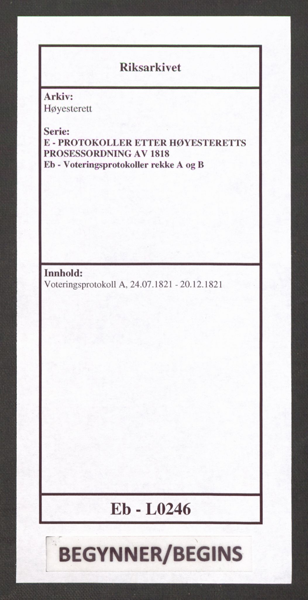 Høyesterett, RA/S-1002/E/Eb/Ebb/L0007/0002: Voteringsprotokoller / Voteringsprotokoll, 1821