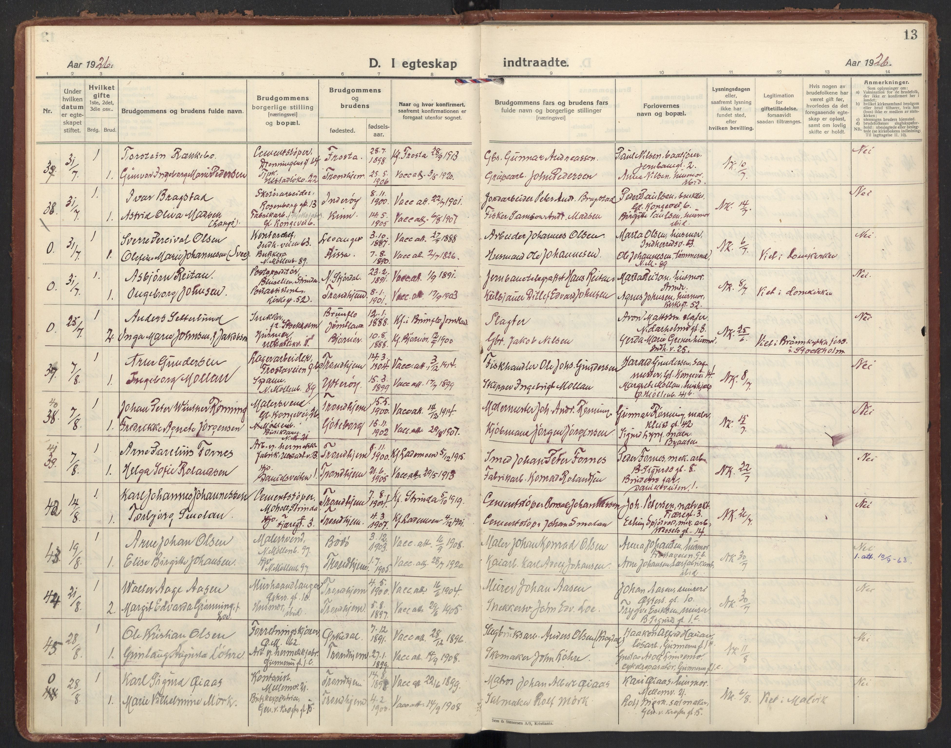 Ministerialprotokoller, klokkerbøker og fødselsregistre - Sør-Trøndelag, AV/SAT-A-1456/605/L0249: Parish register (official) no. 605A11, 1925-1936, p. 13