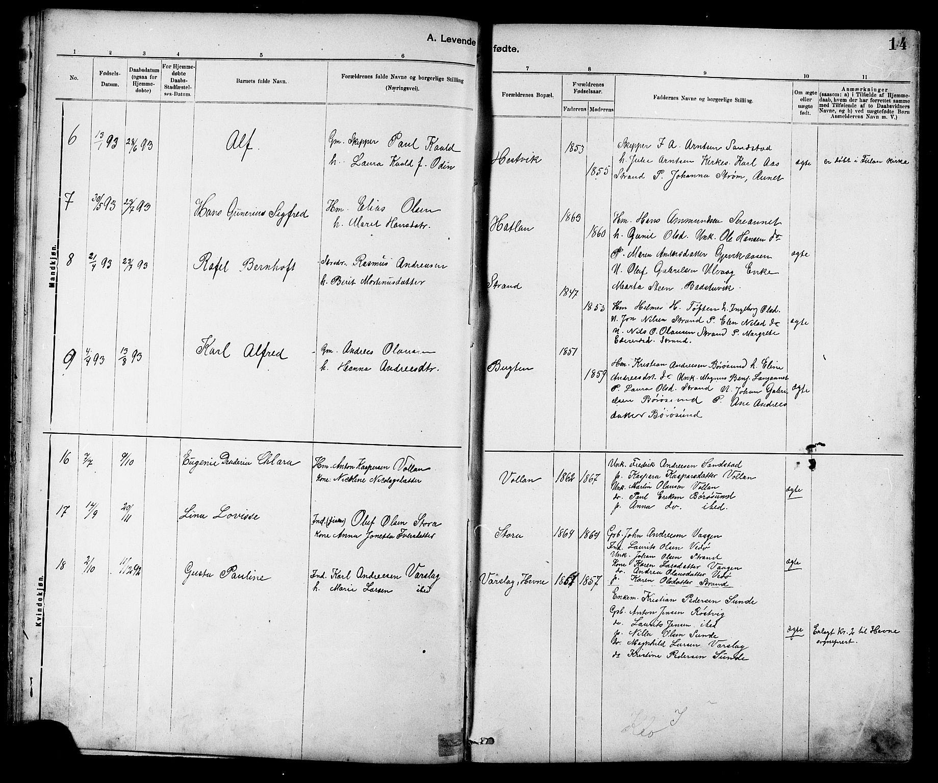 Ministerialprotokoller, klokkerbøker og fødselsregistre - Sør-Trøndelag, SAT/A-1456/639/L0573: Parish register (copy) no. 639C01, 1890-1905, p. 14