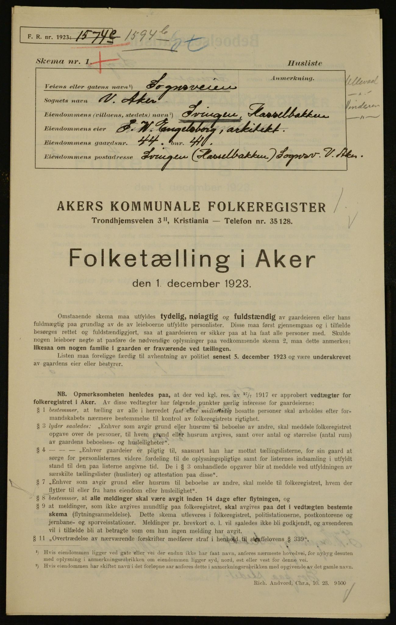 , Municipal Census 1923 for Aker, 1923, p. 17897