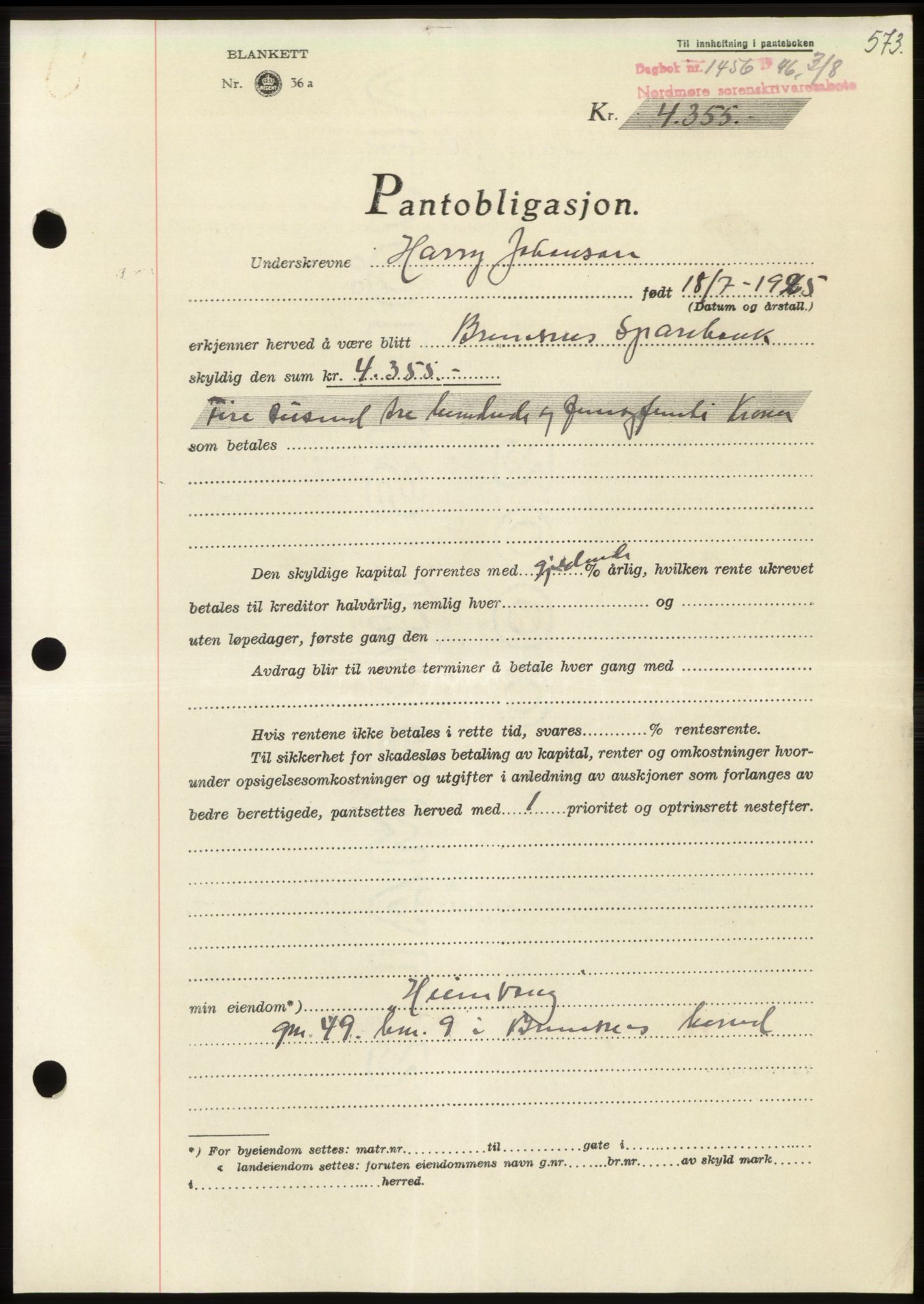 Nordmøre sorenskriveri, AV/SAT-A-4132/1/2/2Ca: Mortgage book no. B94, 1946-1946, Diary no: : 1456/1946