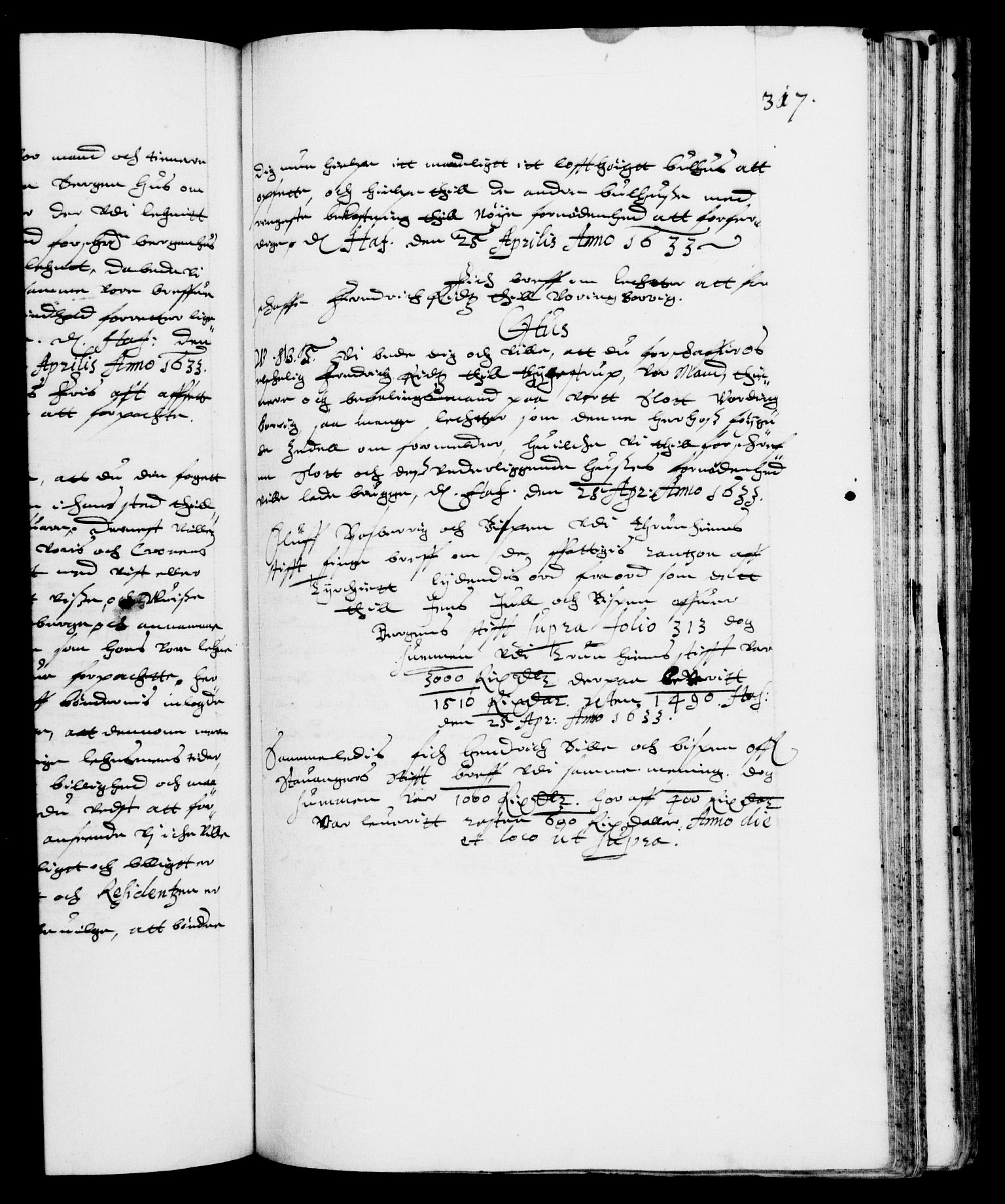 Danske Kanselli 1572-1799, AV/RA-EA-3023/F/Fc/Fca/Fcab/L0005: Norske tegnelser (mikrofilm), 1628-1633, p. 317a