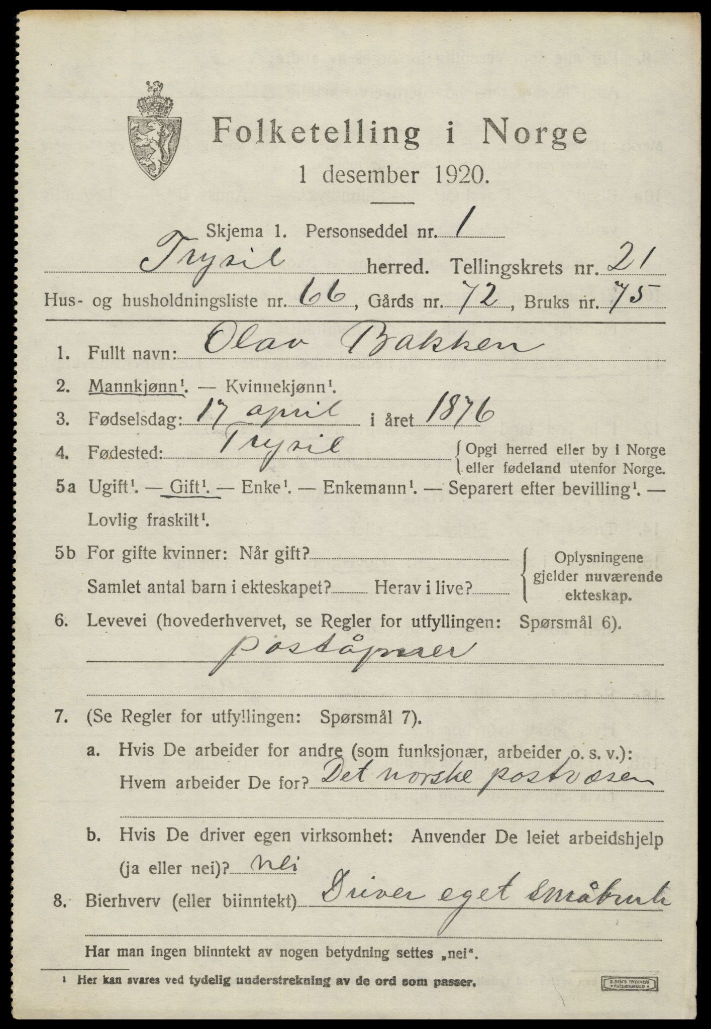 SAH, 1920 census for Trysil, 1920, p. 14541