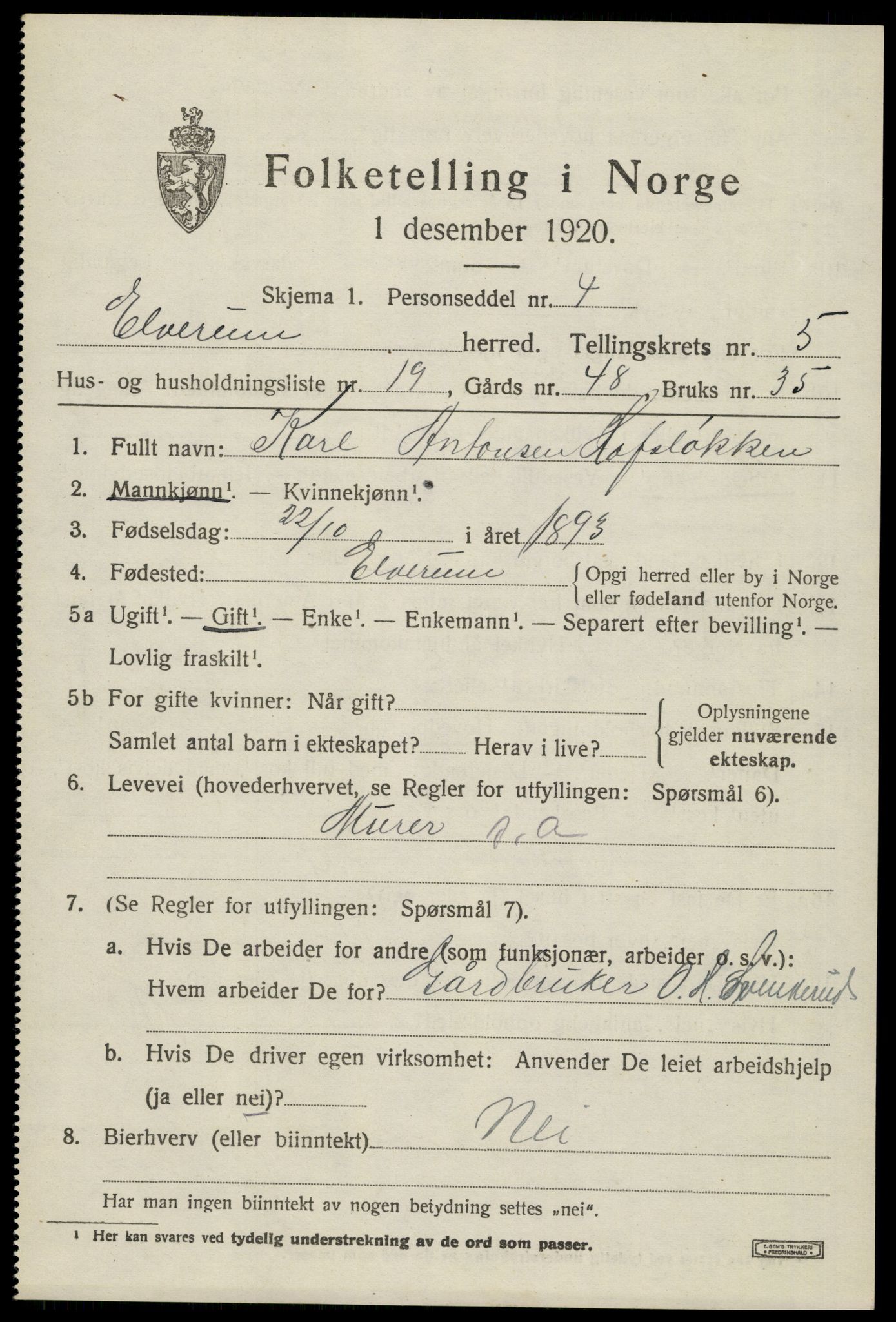 SAH, 1920 census for Elverum, 1920, p. 7716