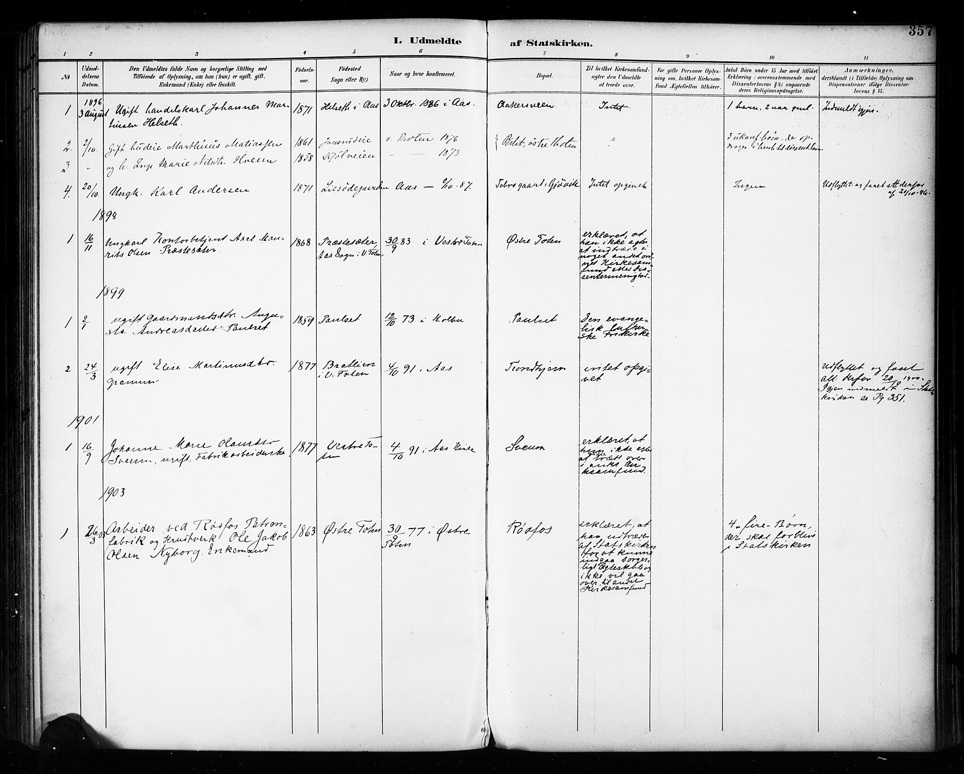 Vestre Toten prestekontor, SAH/PREST-108/H/Ha/Haa/L0011: Parish register (official) no. 11, 1895-1906, p. 357