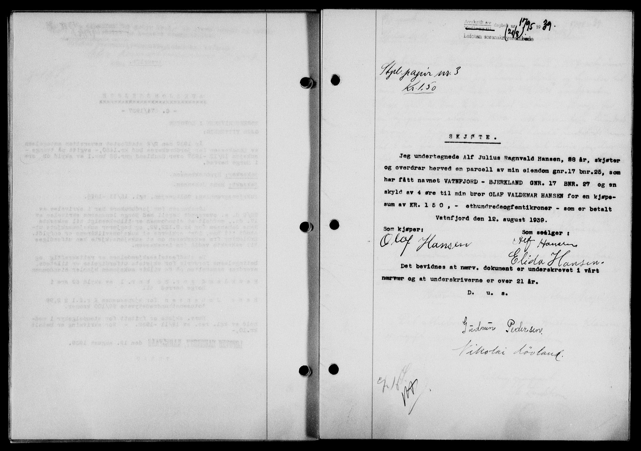Lofoten sorenskriveri, SAT/A-0017/1/2/2C/L0006a: Mortgage book no. 6a, 1939-1939, Diary no: : 1795/1939